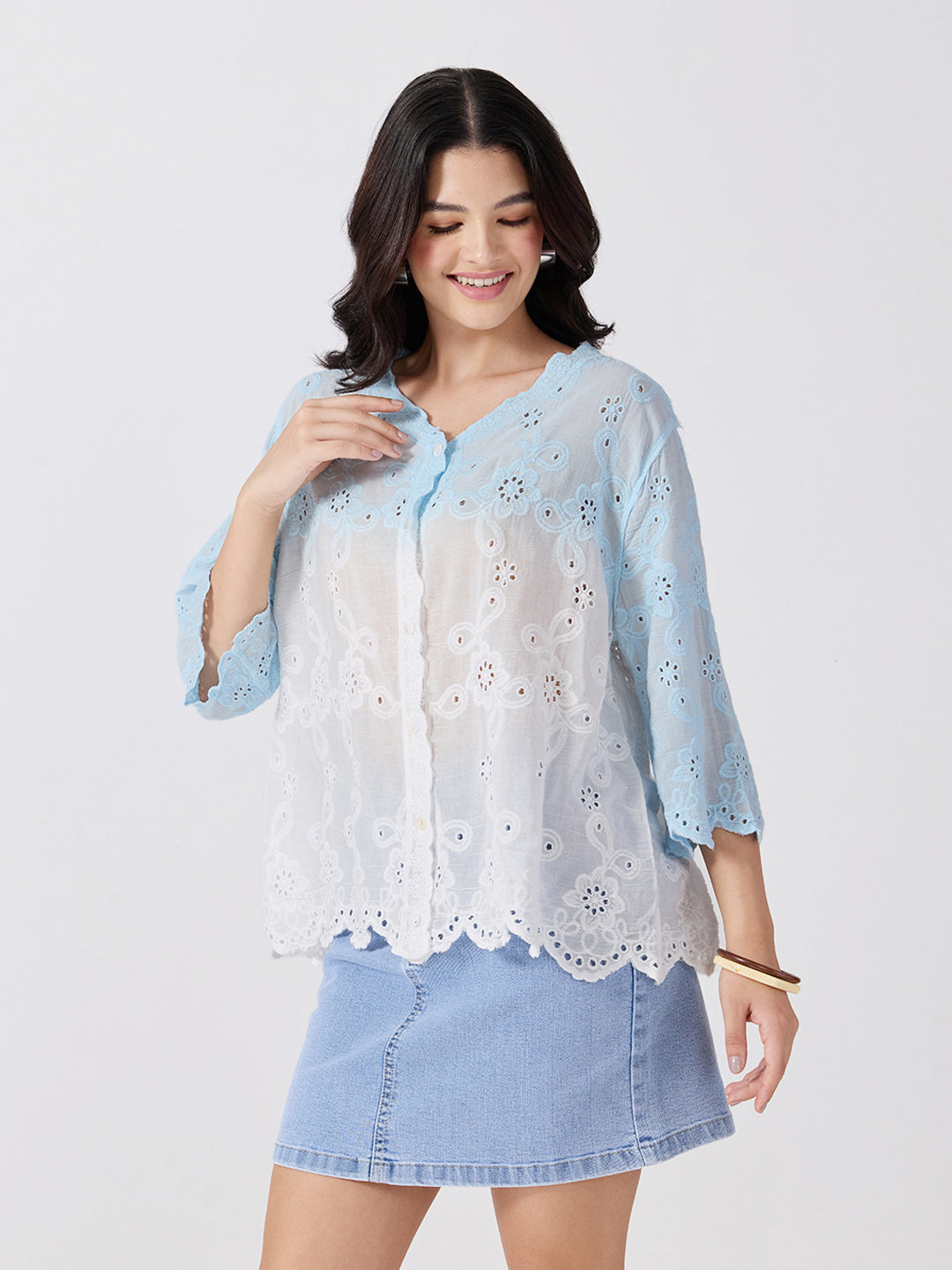 Women’s Ombre Embroidered Blue Top with V-Neck and Scalloped Hem