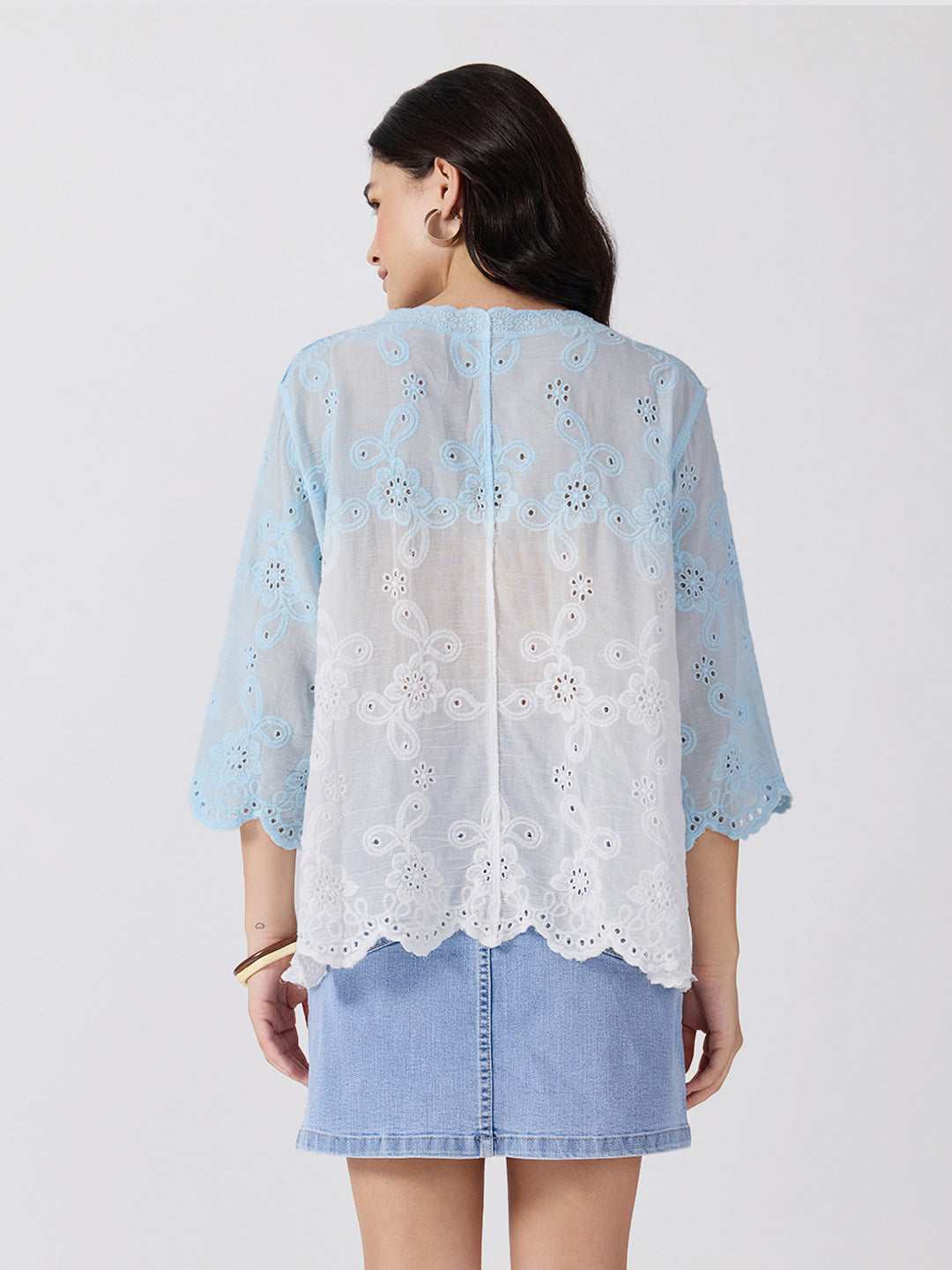 Women’s Ombre Embroidered Blue Top with V-Neck and Scalloped Hem