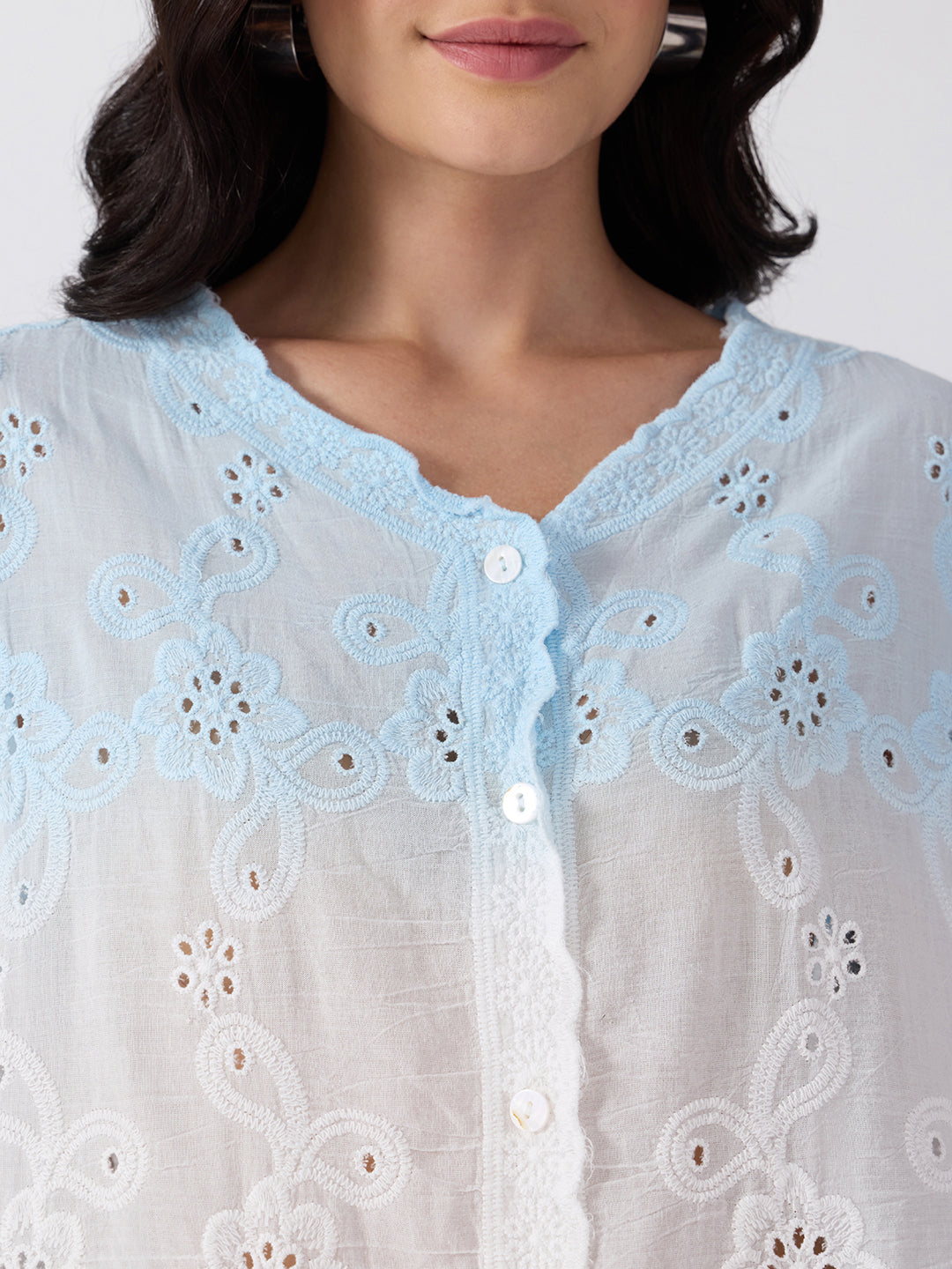 Women’s Ombre Embroidered Blue Top with V-Neck and Scalloped Hem
