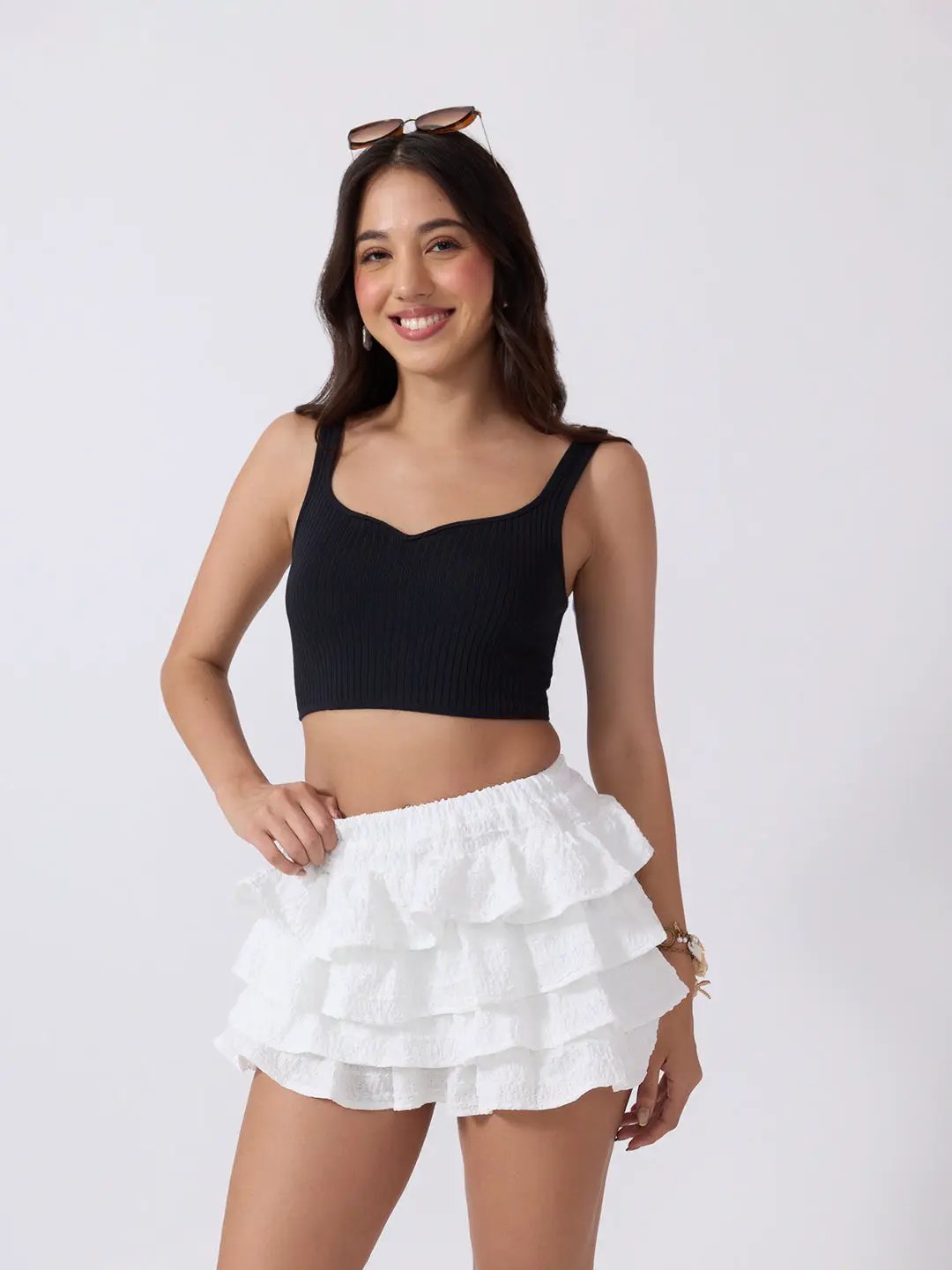 Women's White Tiered Ruffle Mini Skirt with Elasticated Waist
