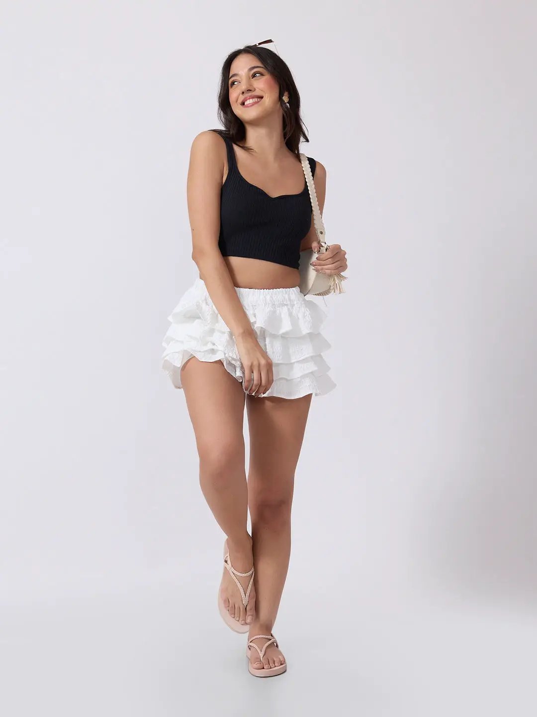 Women's White Tiered Ruffle Mini Skirt with Elasticated Waist