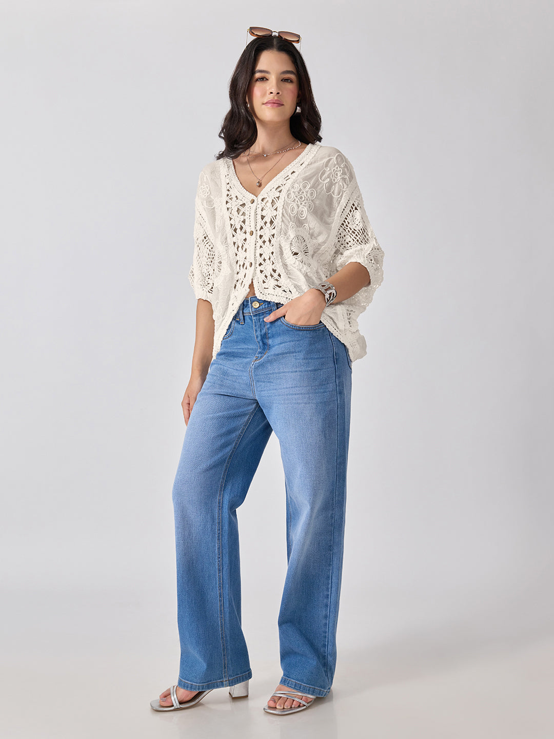 Women’s Floral Embroidered Cream Crochet Top