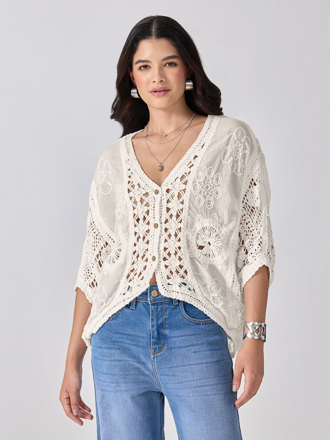 Women’s Floral Embroidered Cream Crochet Top