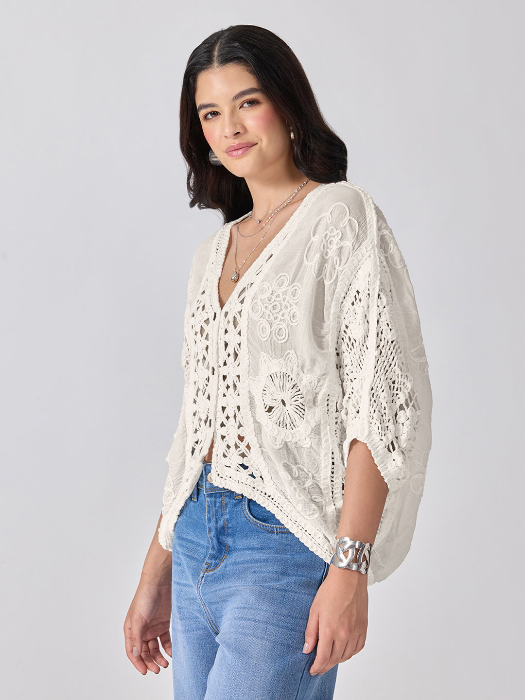 Women’s Floral Embroidered Cream Crochet Top