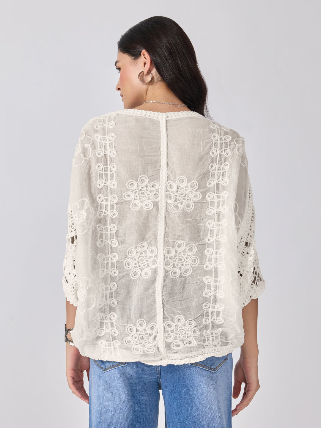 Women’s Floral Embroidered Cream Crochet Top