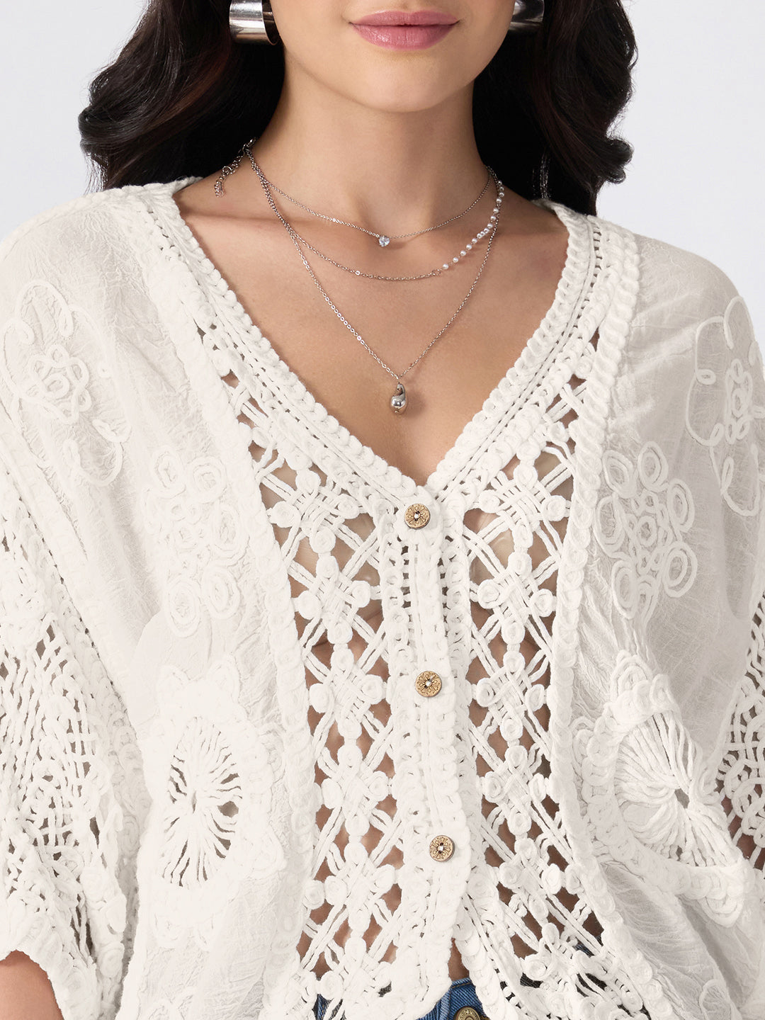 Women’s Floral Embroidered Cream Crochet Top