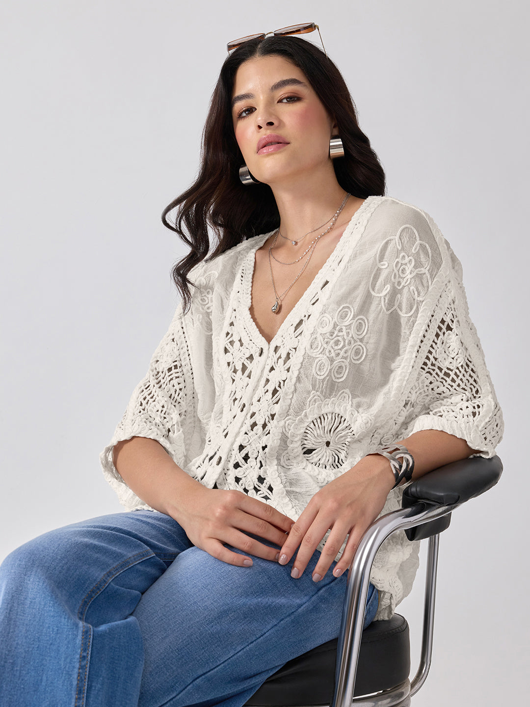 Women’s Floral Embroidered Cream Crochet Top