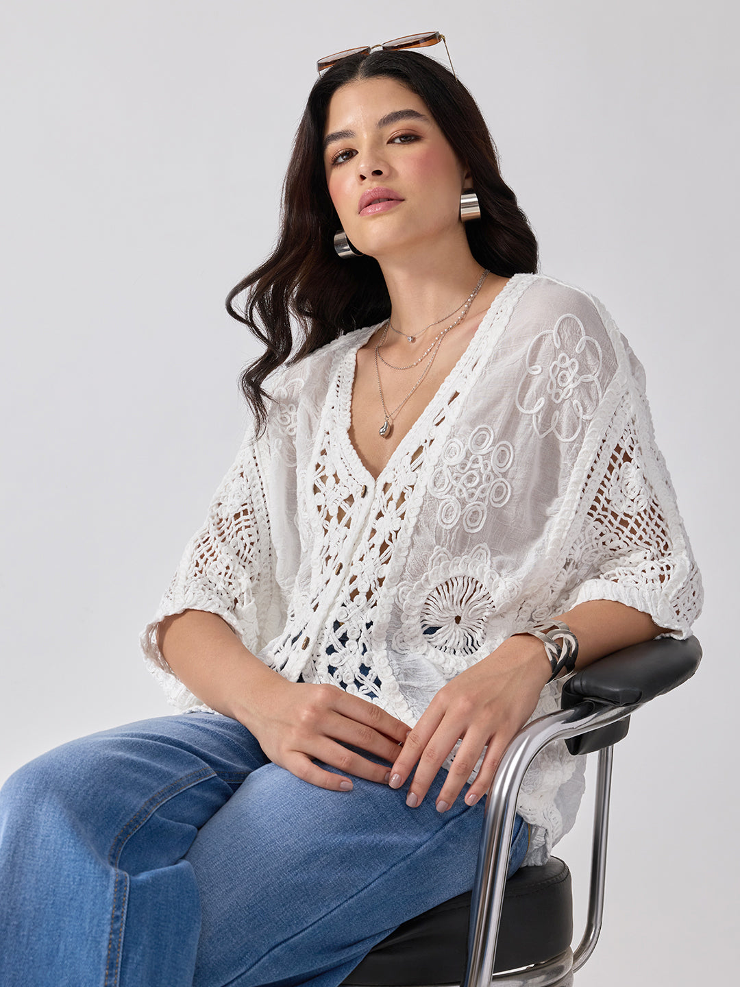 Women’s Floral Embroidered White Crochet Top