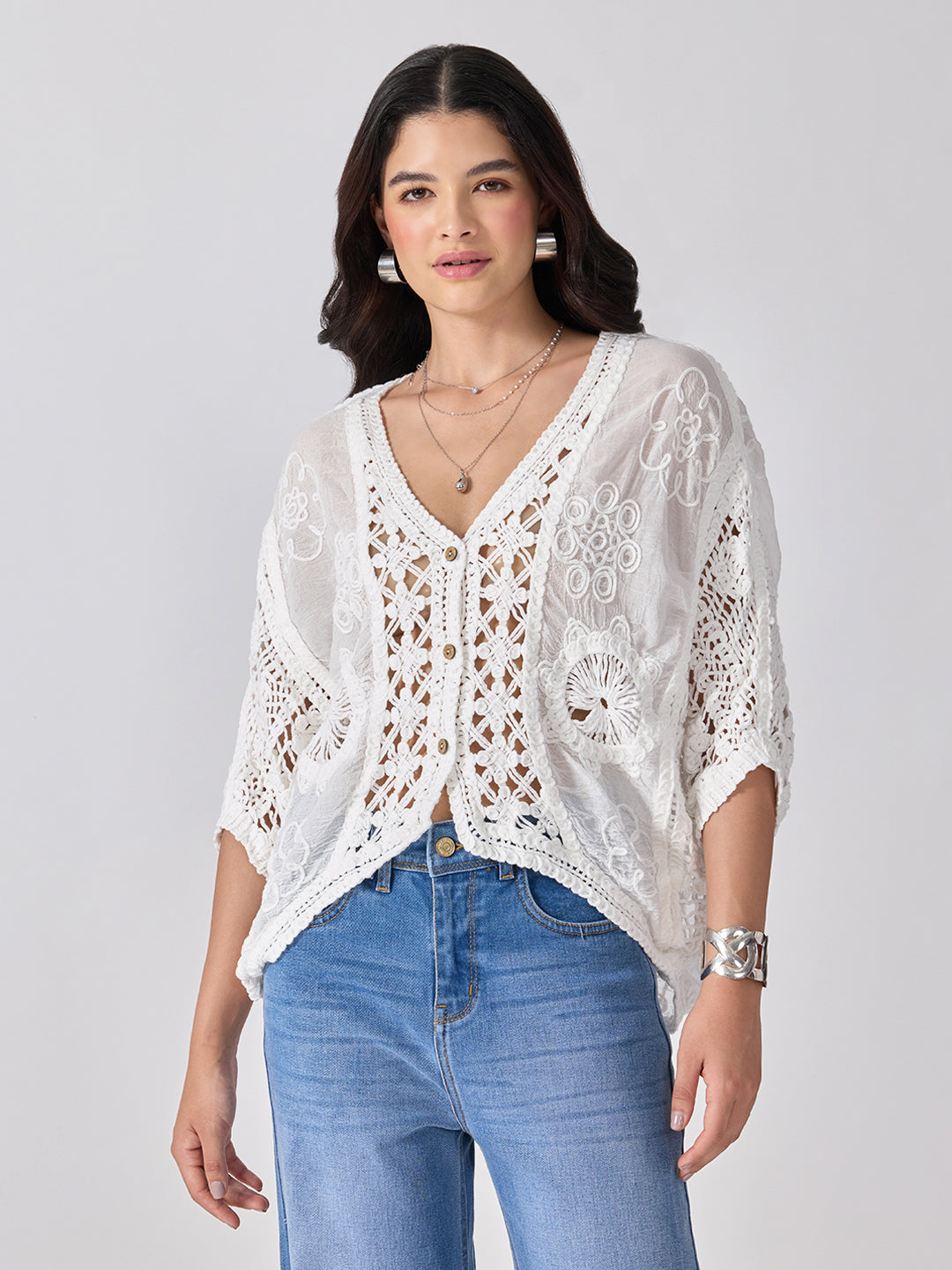 Women’s Floral Embroidered White Crochet Top