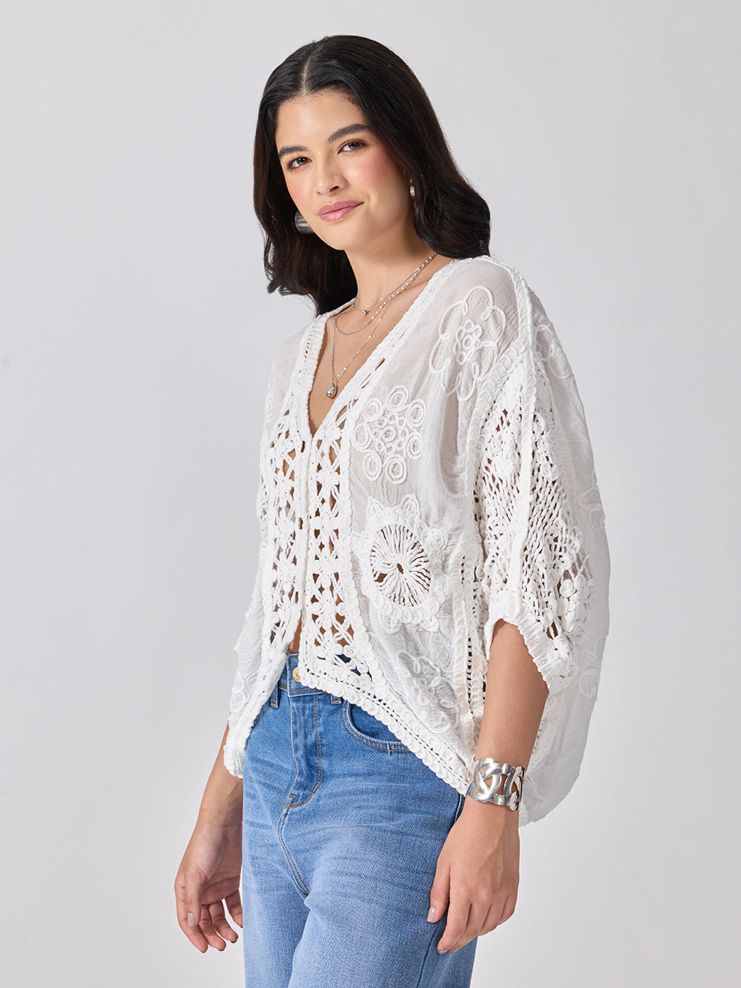 Women’s Floral Embroidered White Crochet Top