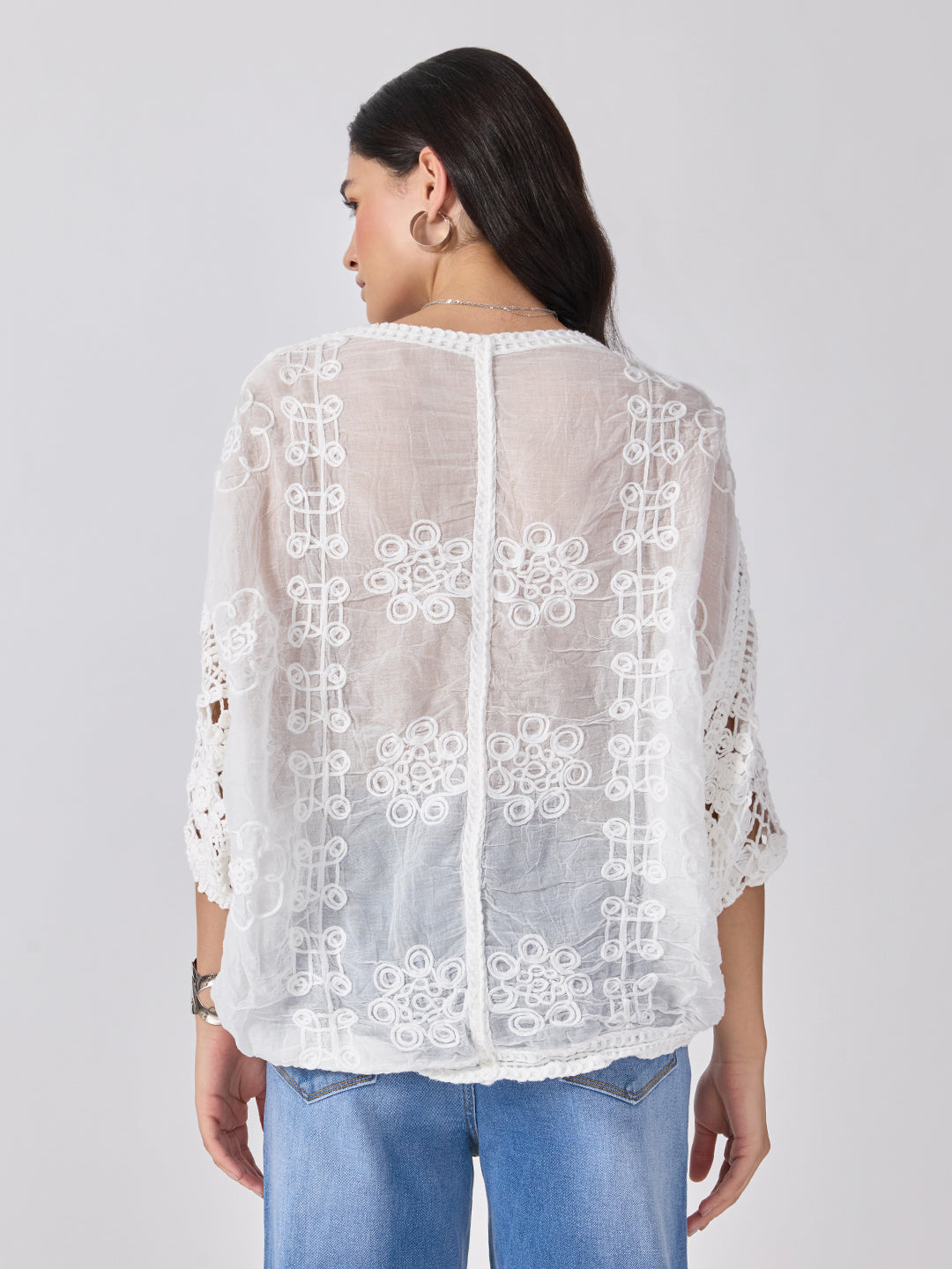 Women’s Floral Embroidered White Crochet Top