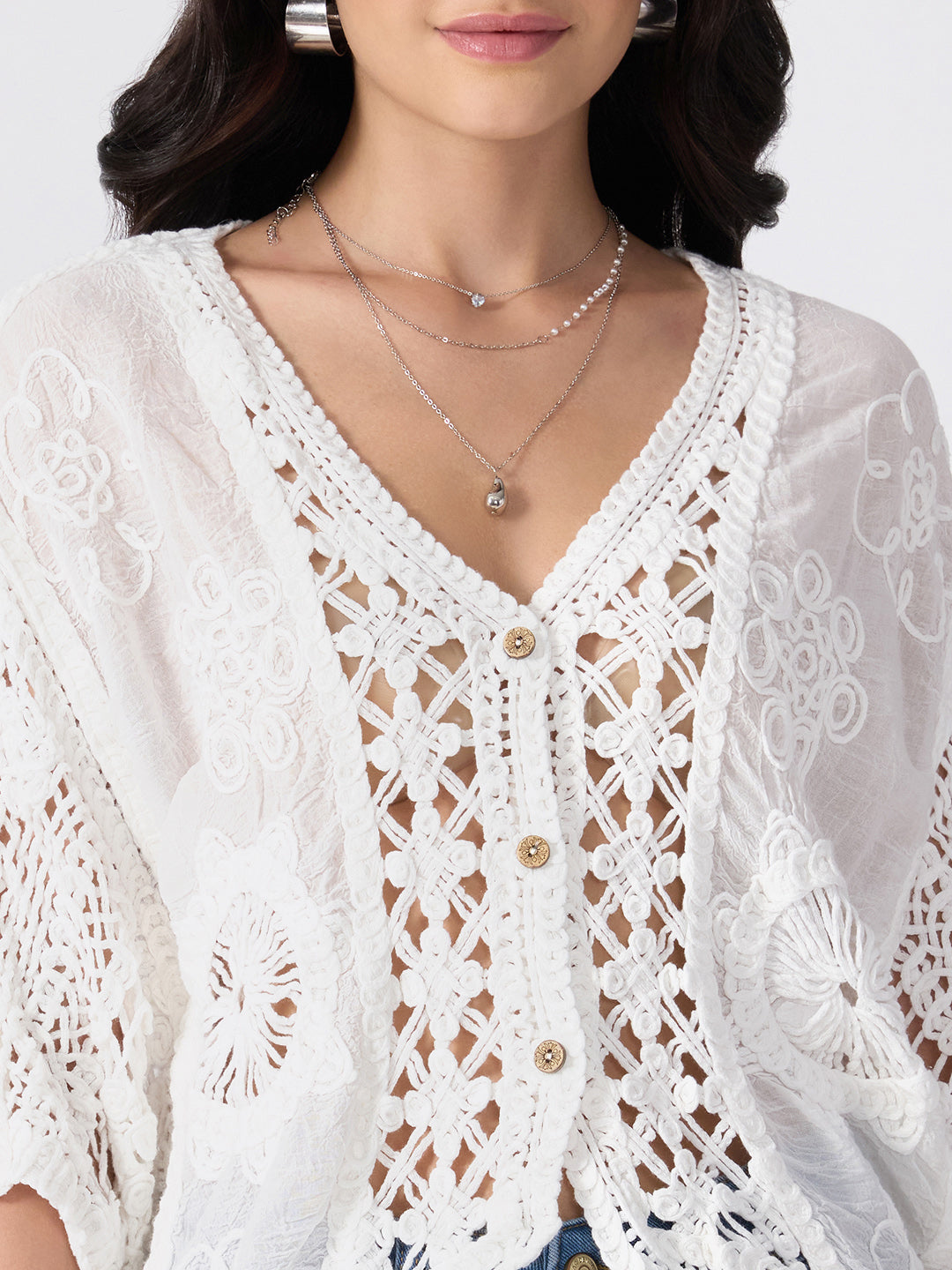 Women’s Floral Embroidered White Crochet Top