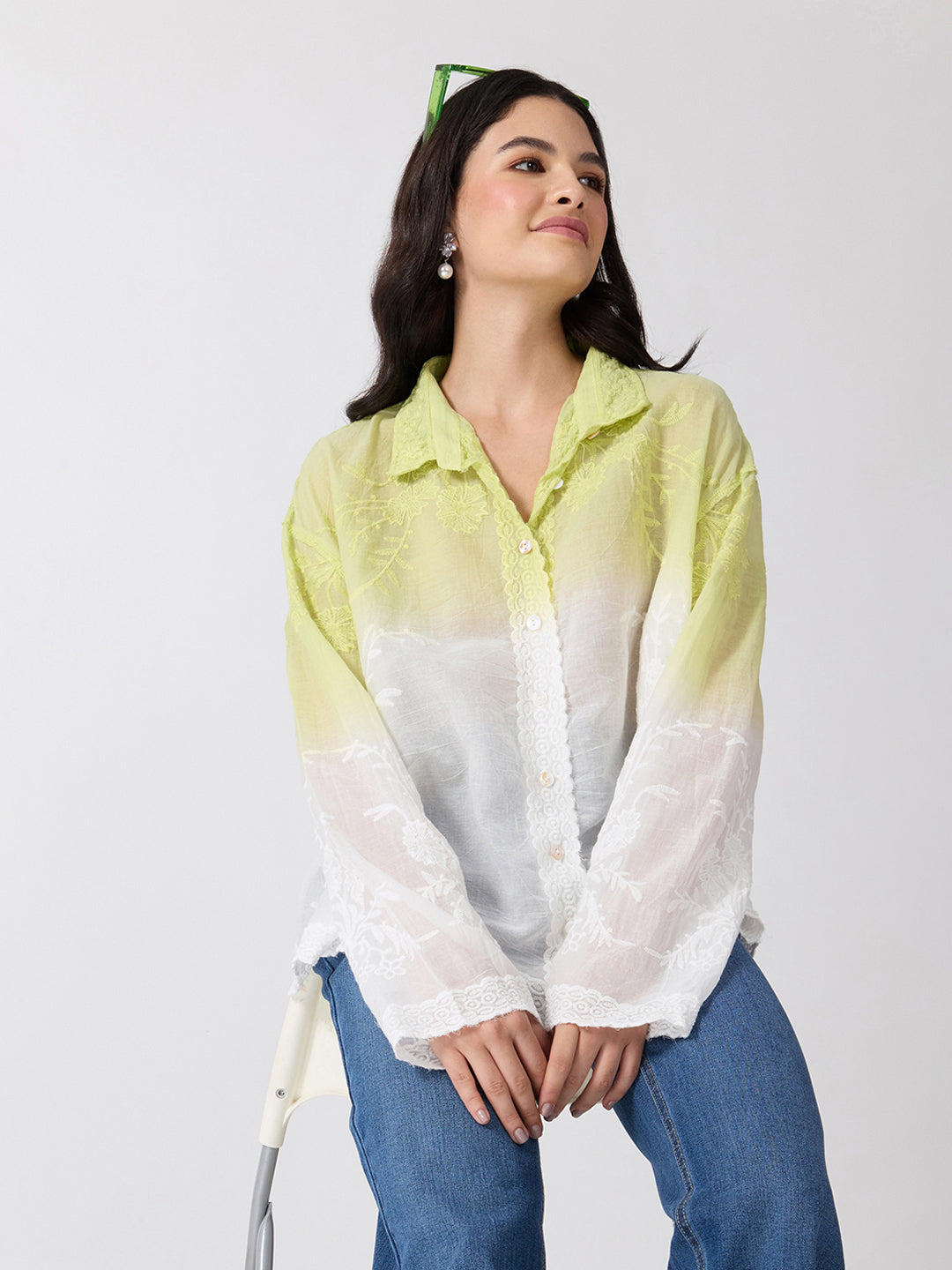 Women’s Floral Embroidered Green Ombre Shirt