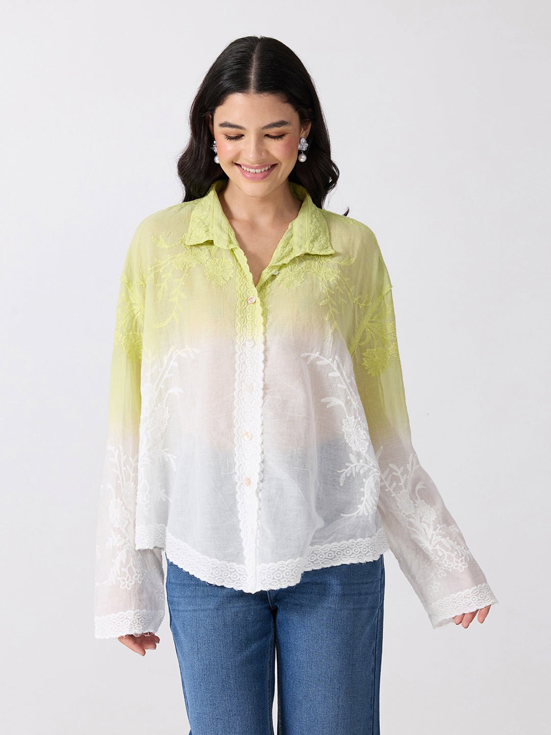 Women’s Floral Embroidered Green Ombre Shirt