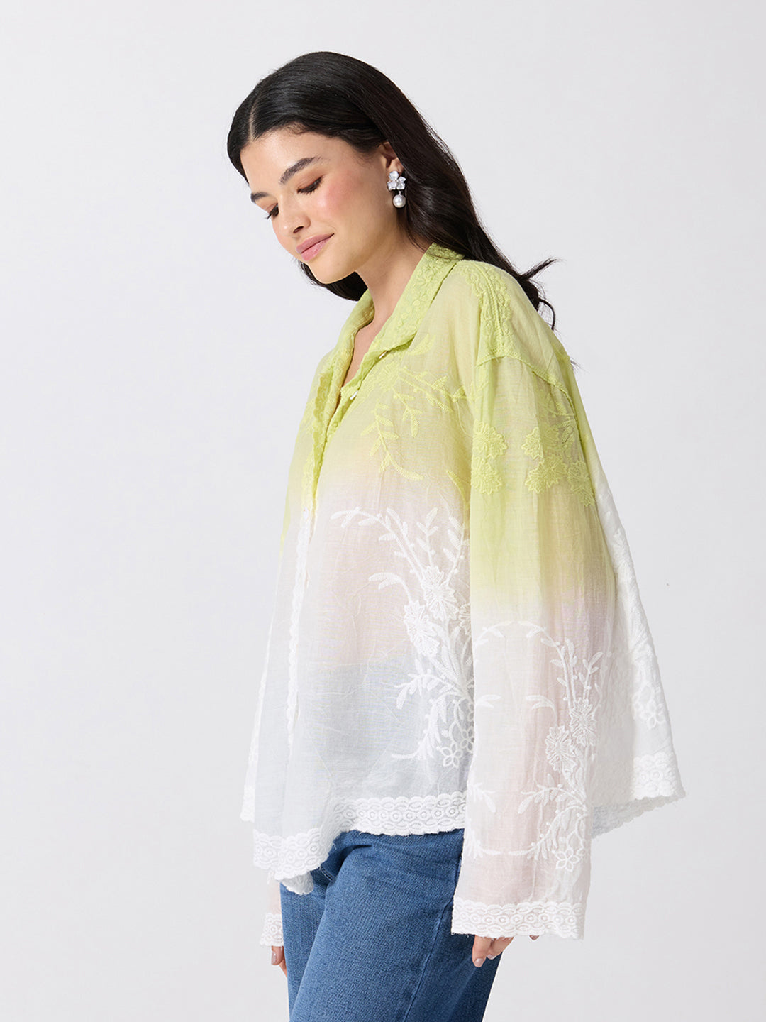 Women’s Floral Embroidered Green Ombre Shirt