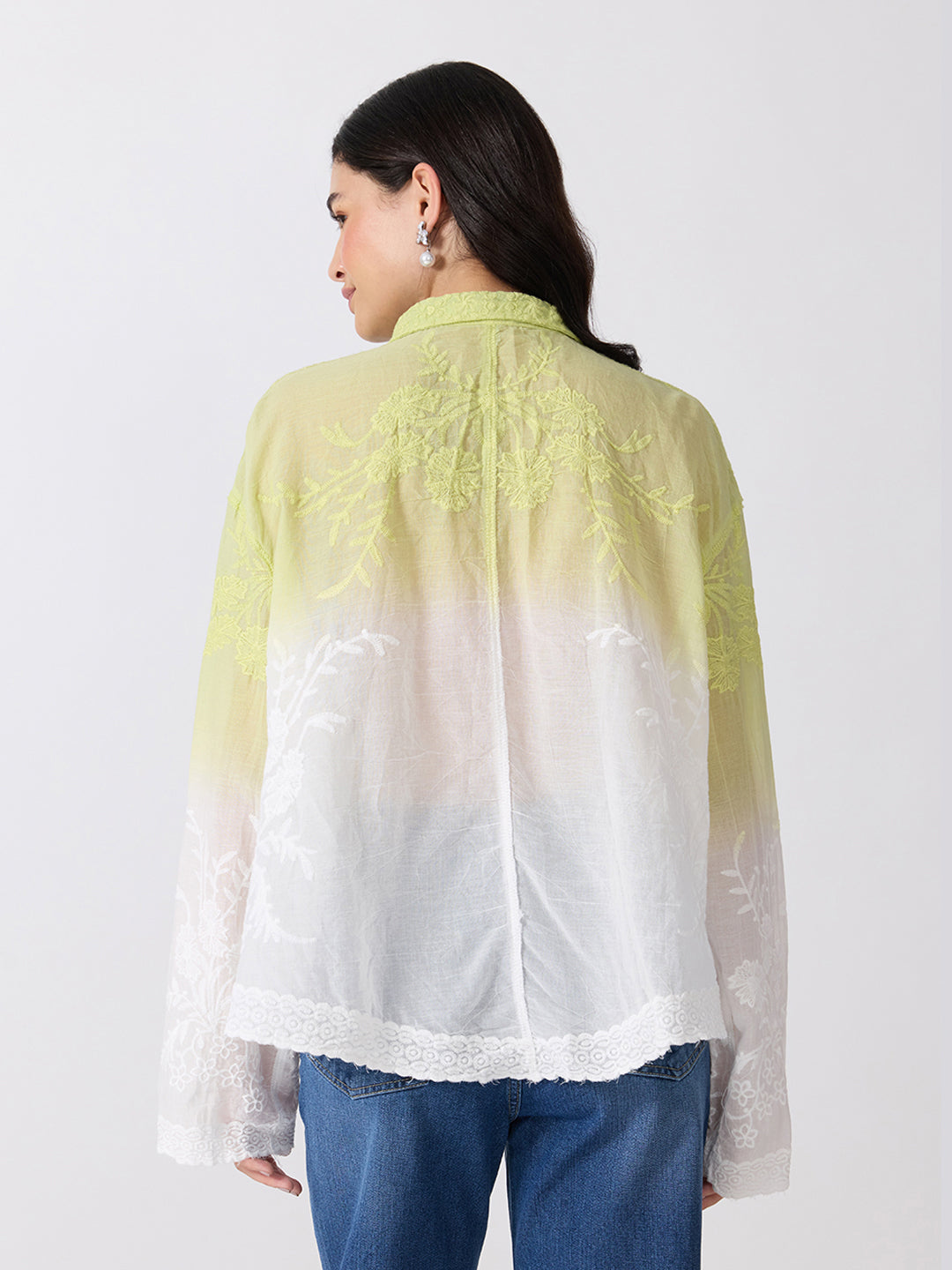 Women’s Floral Embroidered Green Ombre Shirt