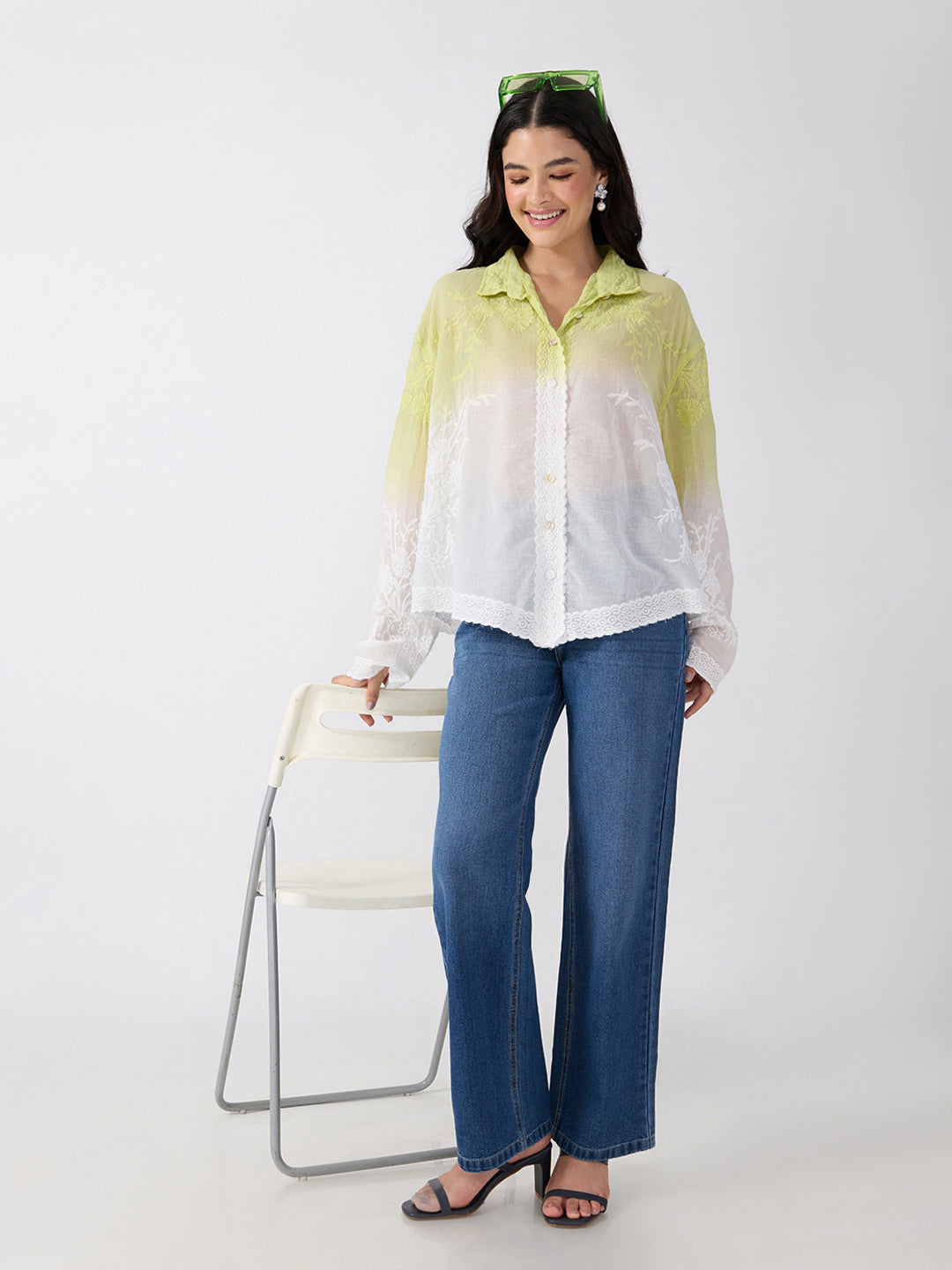 Women’s Floral Embroidered Green Ombre Shirt