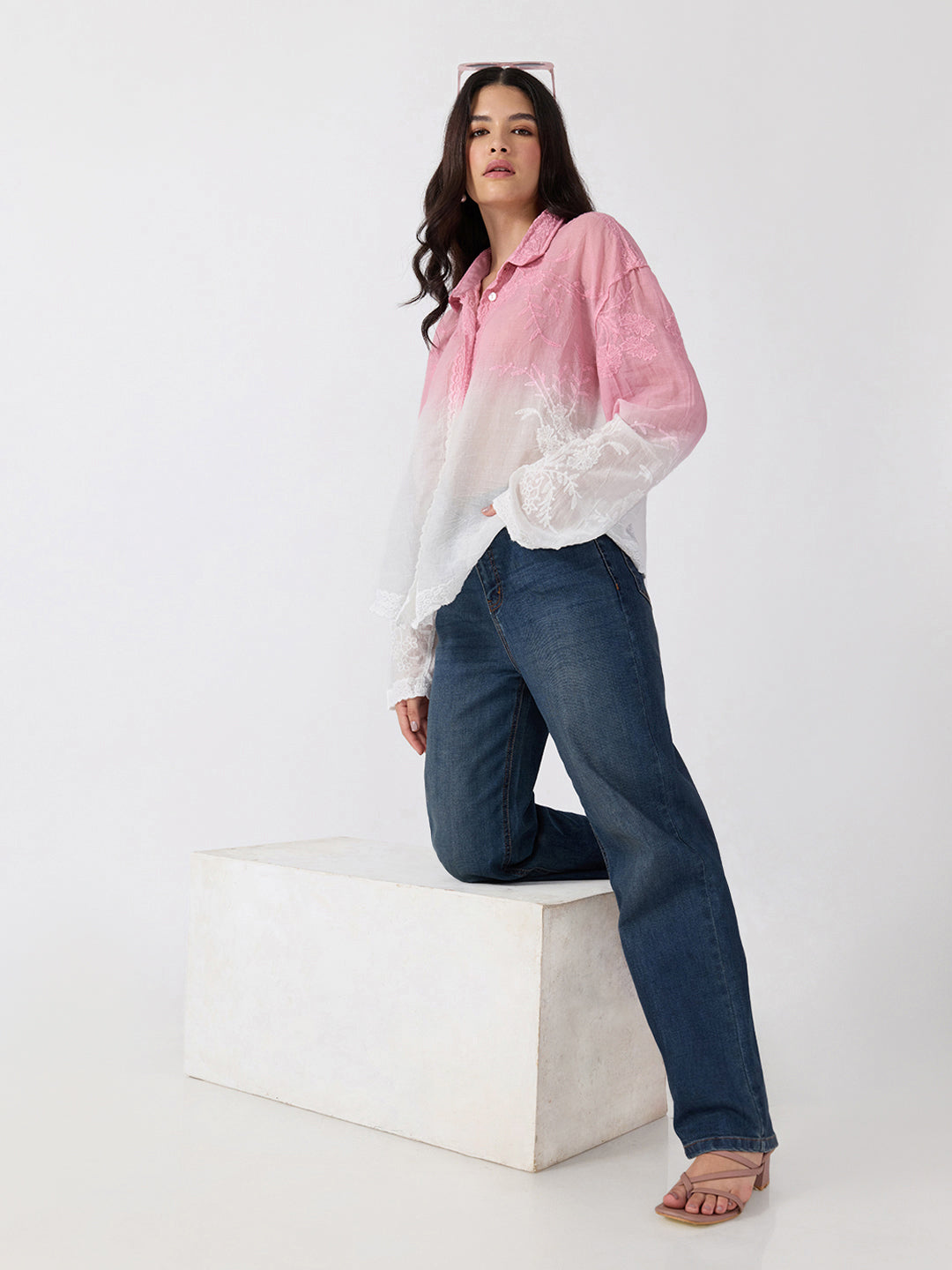 Women’s Floral Embroidered Pink Ombre Shirt