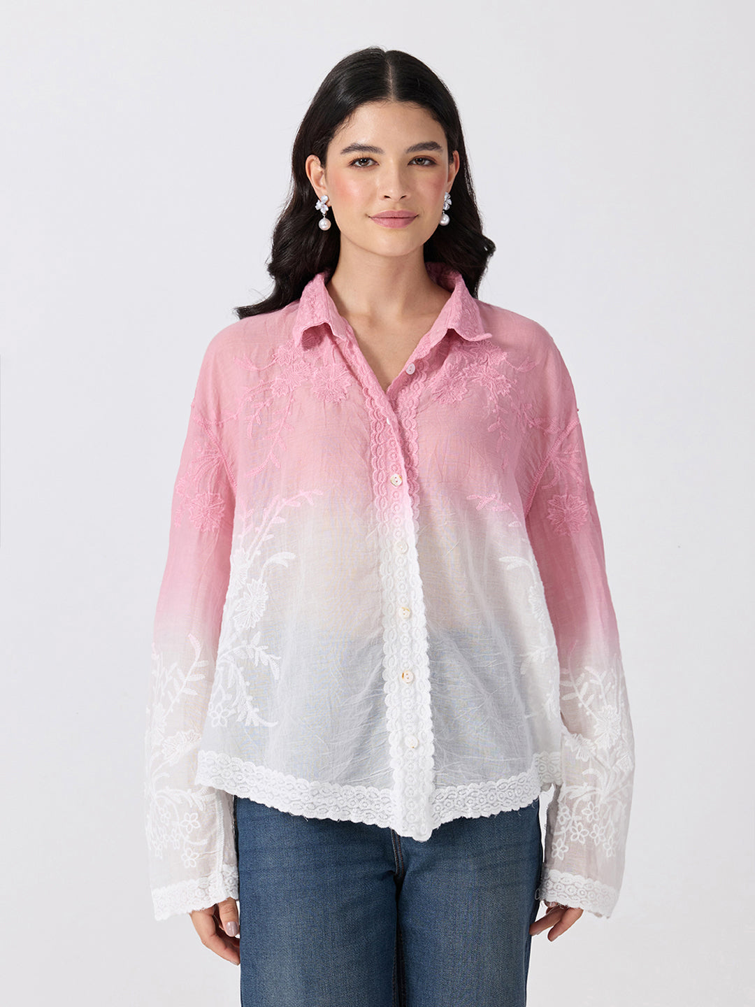 Women’s Floral Embroidered Pink Ombre Shirt