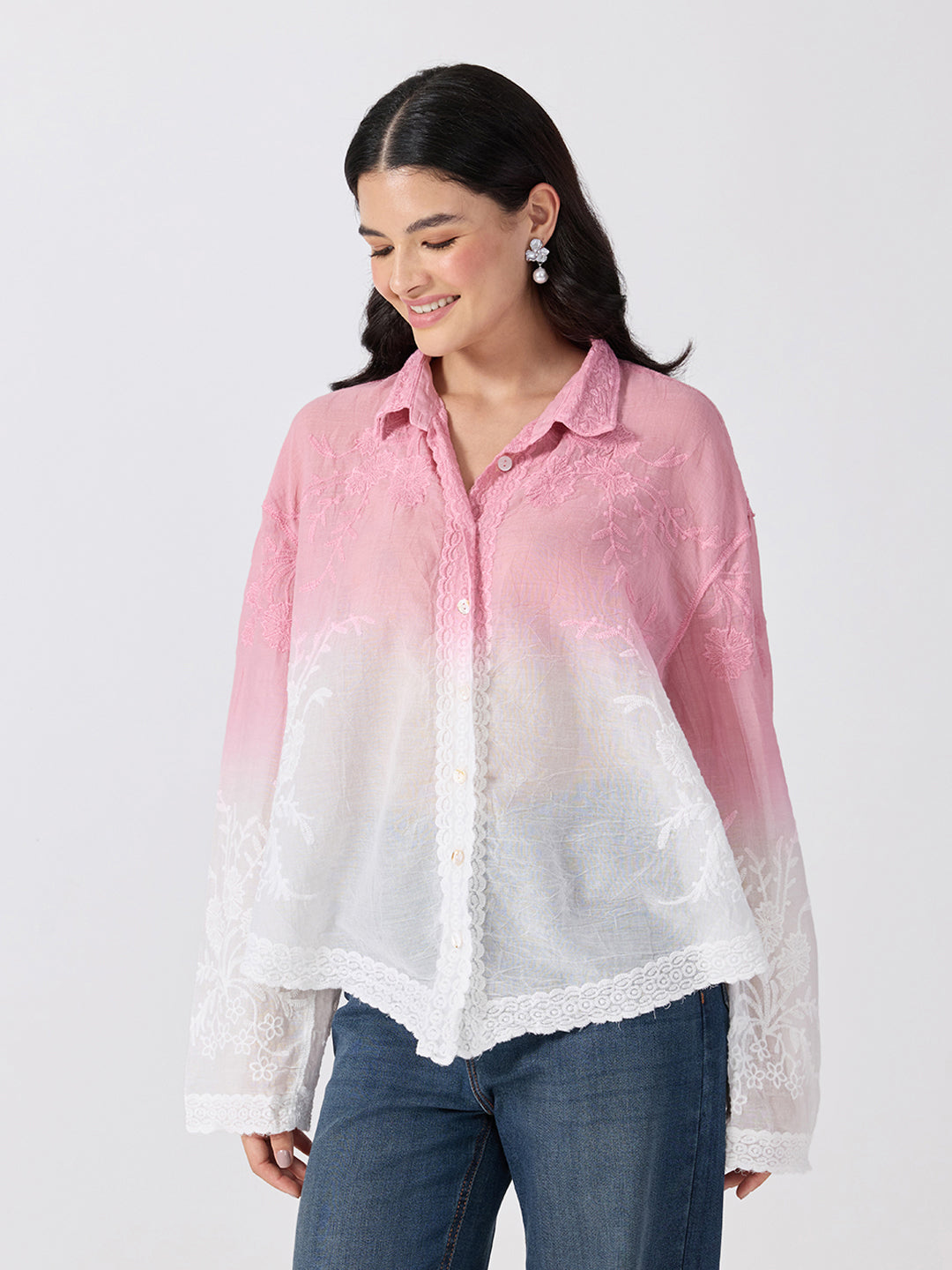 Women’s Floral Embroidered Pink Ombre Shirt