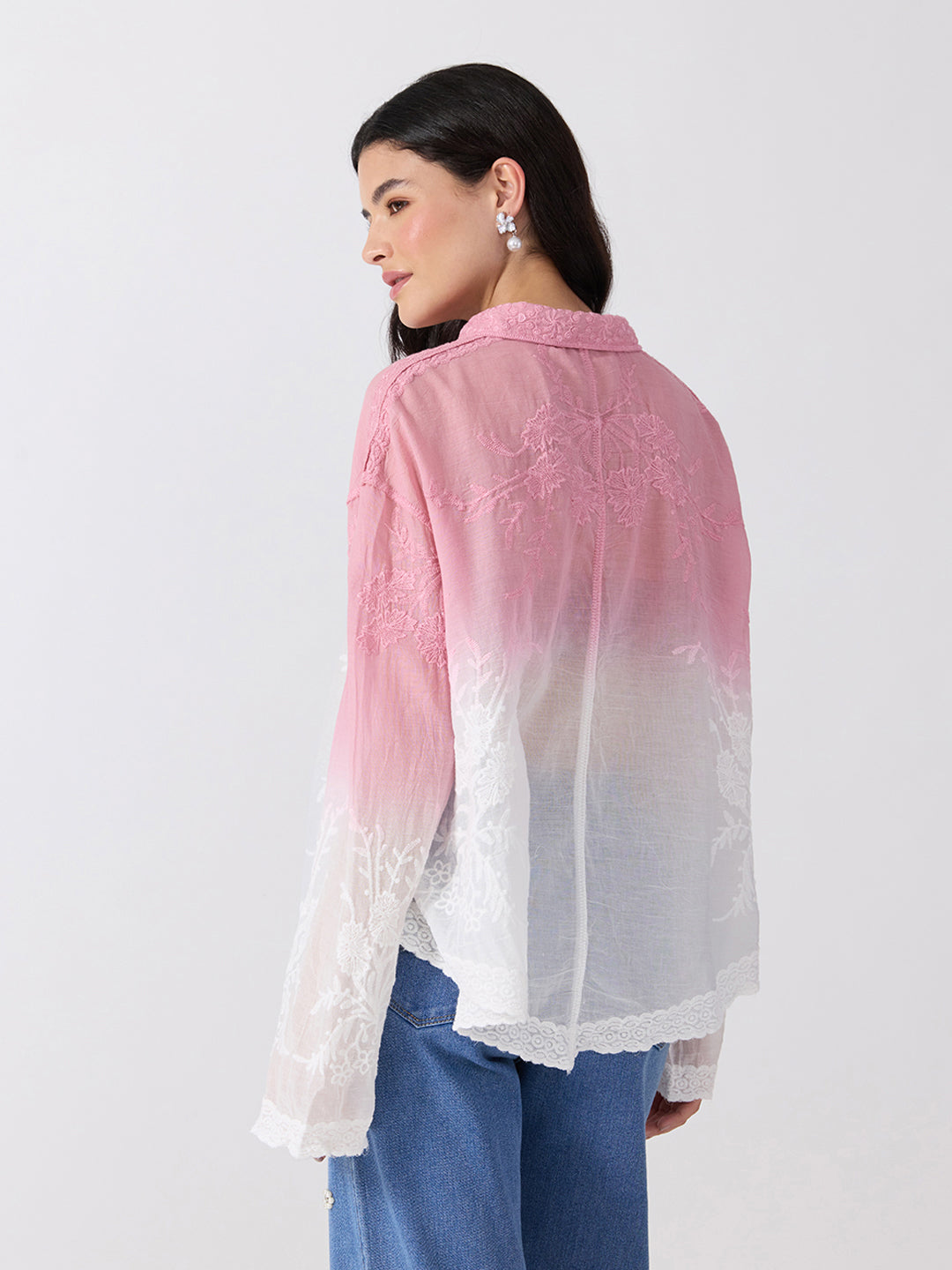 Women’s Floral Embroidered Pink Ombre Shirt