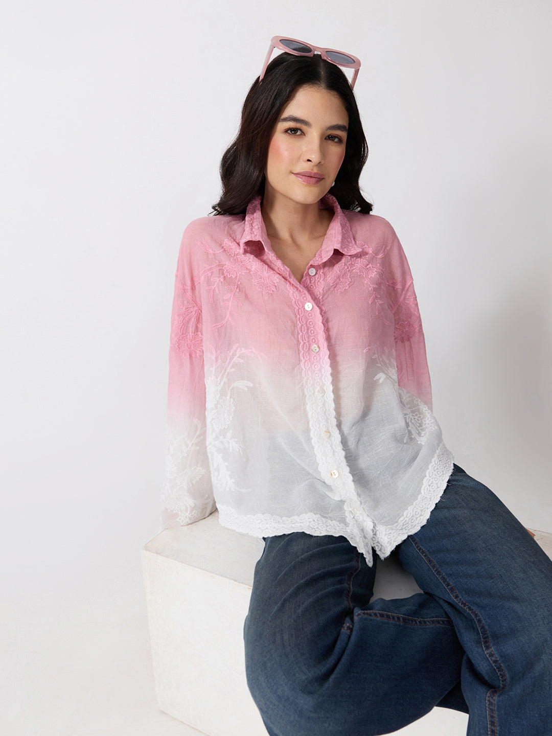 Women’s Floral Embroidered Pink Ombre Shirt
