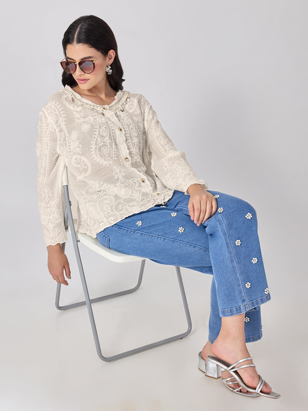 Women’s Embroidered Cream Top with Pearl Embellished Neckline