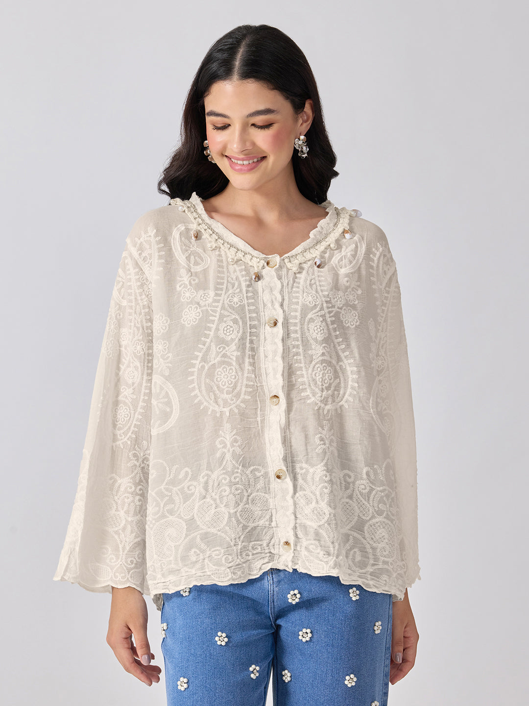 Women’s Embroidered Cream Top with Pearl Embellished Neckline
