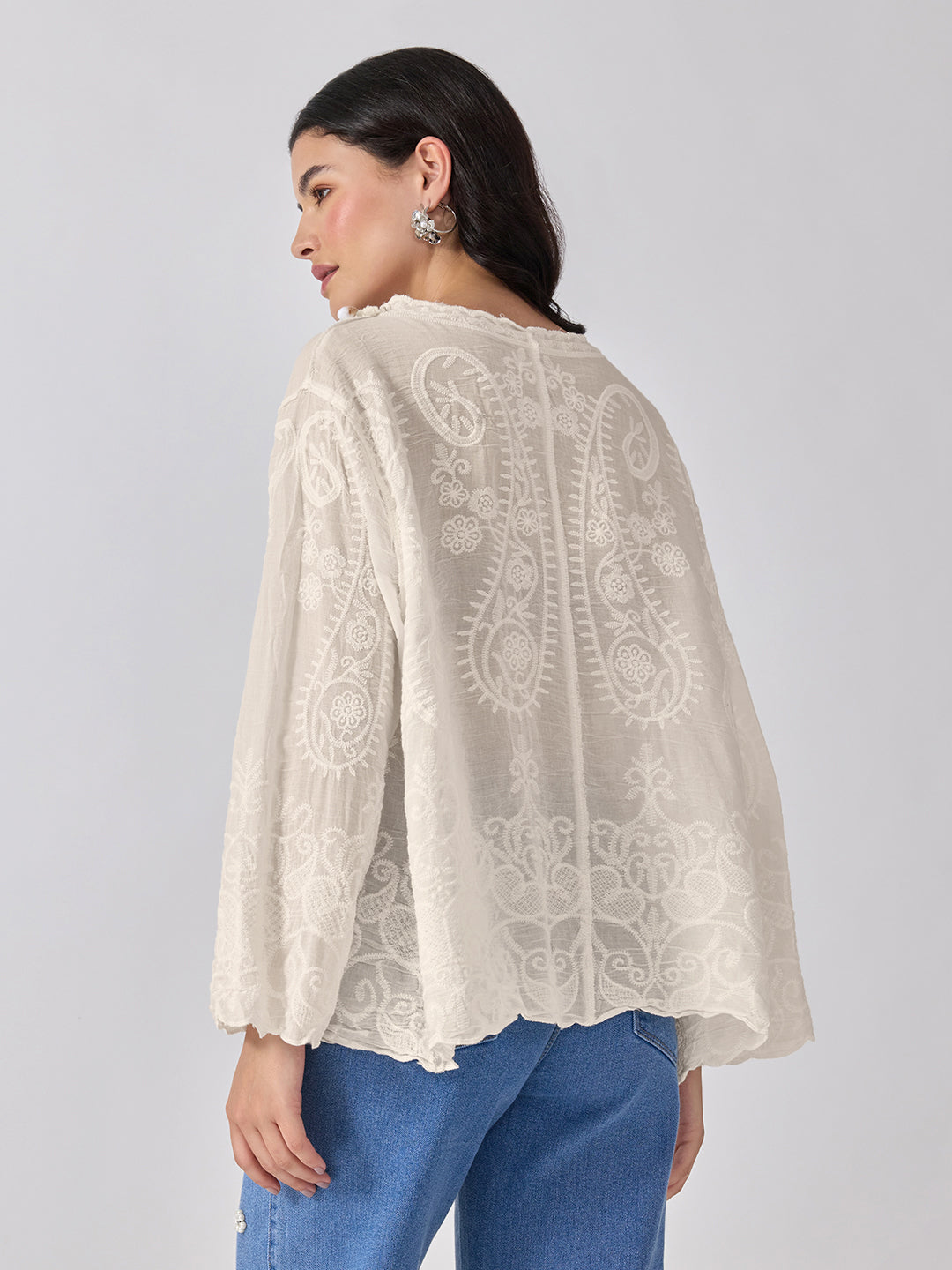 Women’s Embroidered Cream Top with Pearl Embellished Neckline