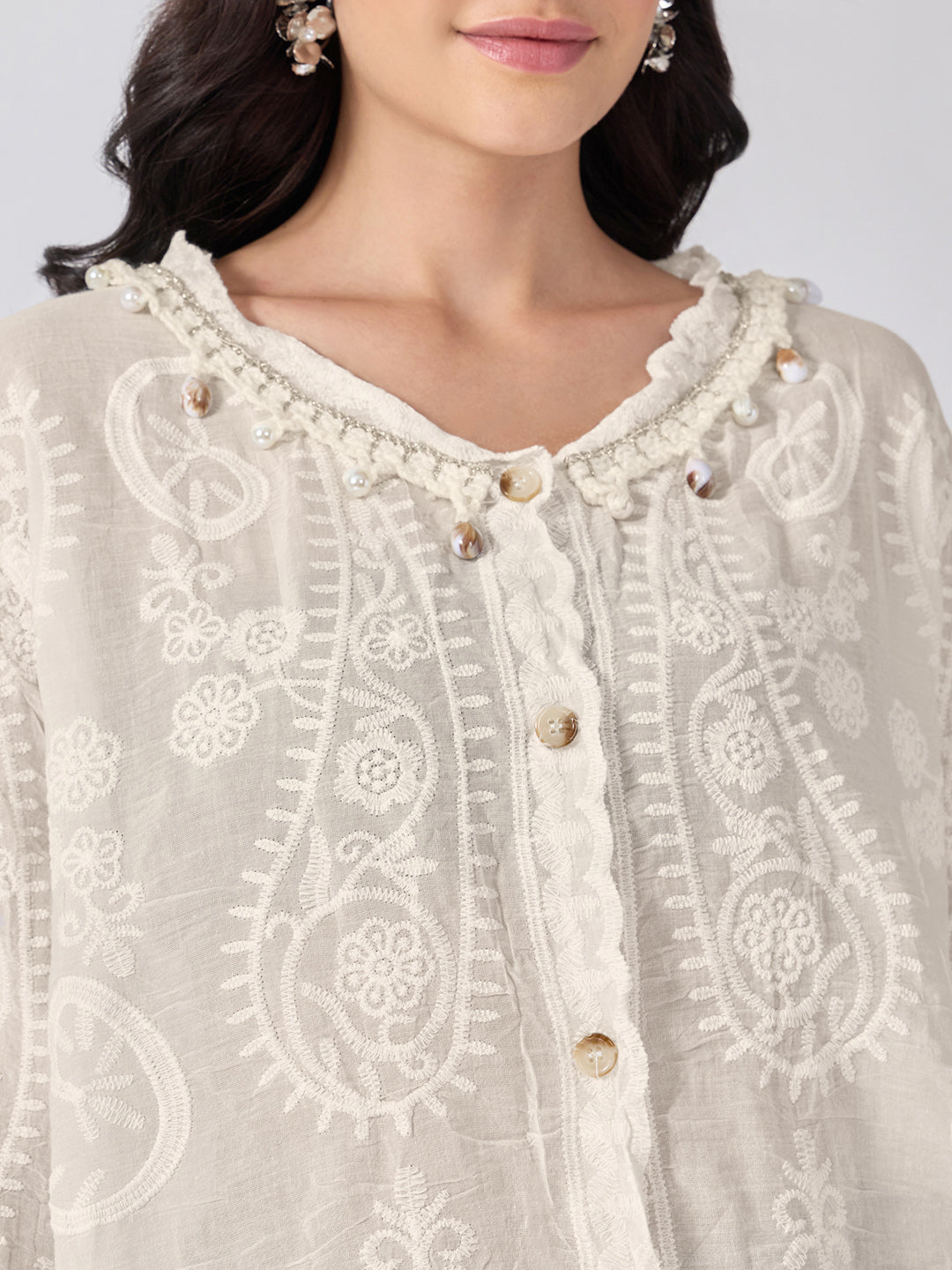 Women’s Embroidered Cream Top with Pearl Embellished Neckline