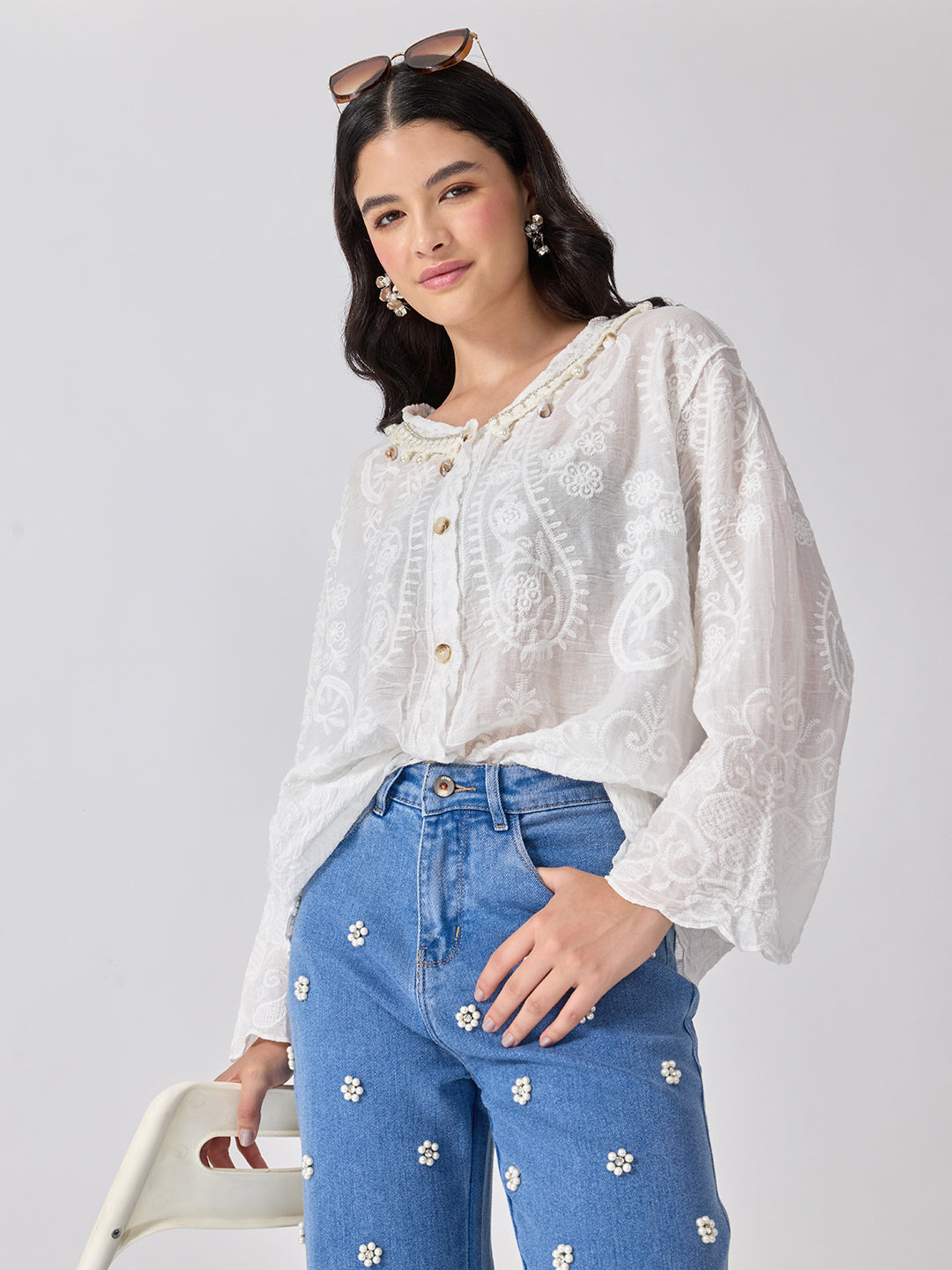 Women’s Embroidered White Top with Pearl Embellished Neckline