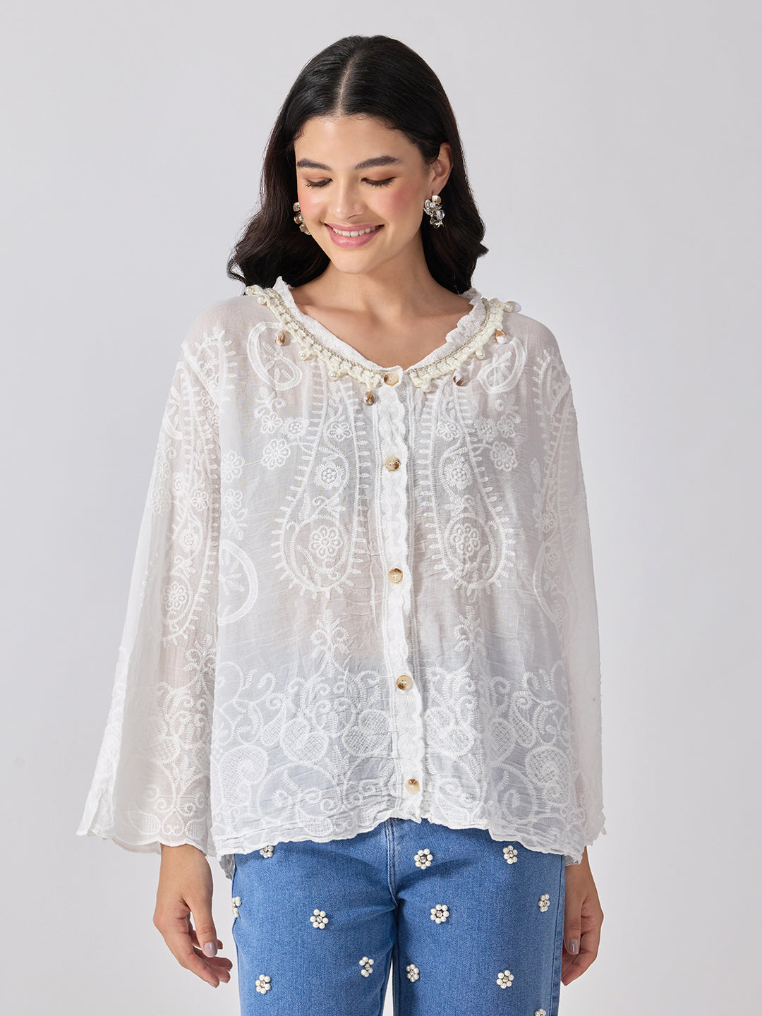 Women’s Embroidered White Top with Pearl Embellished Neckline