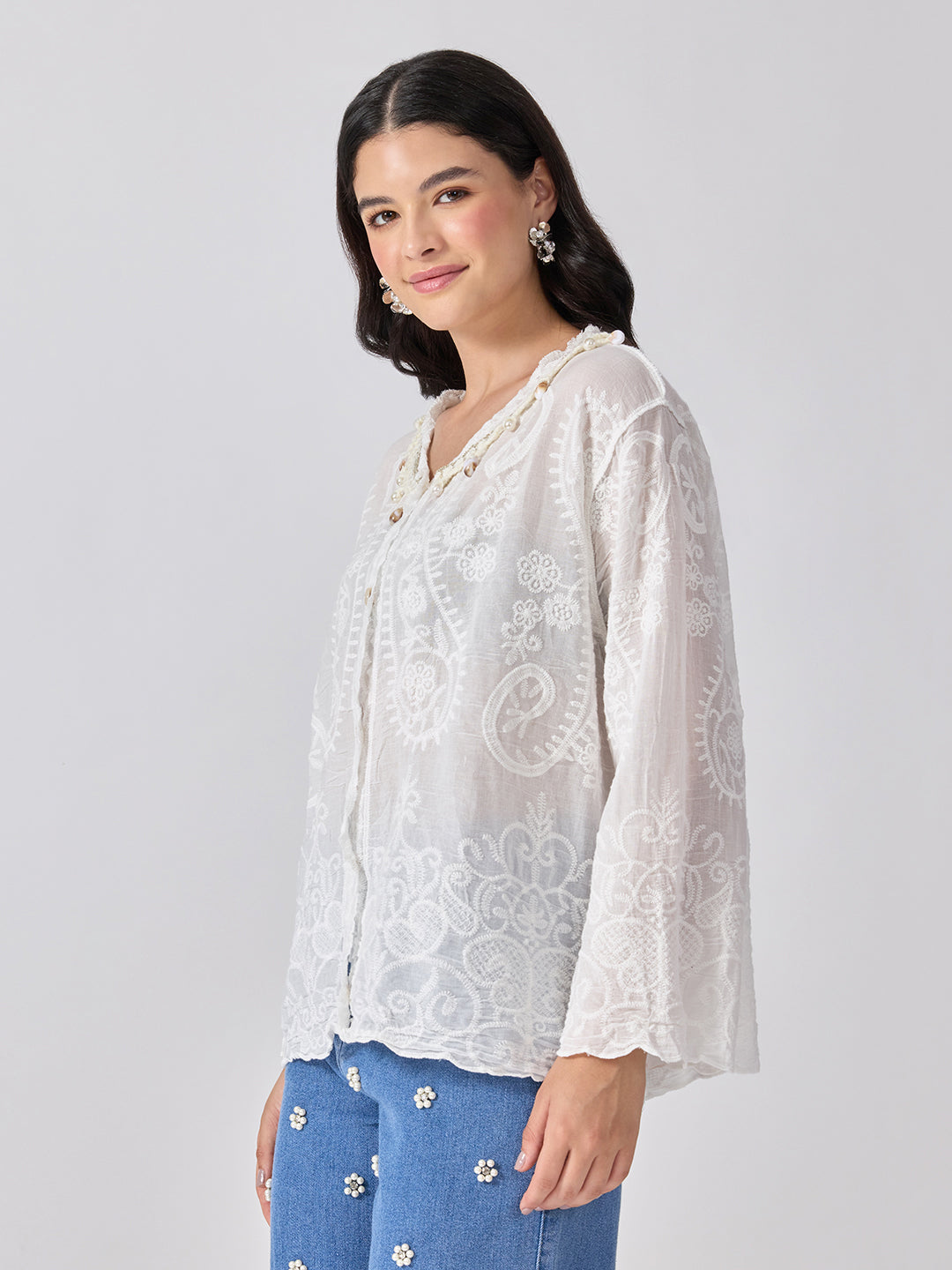 Women’s Embroidered White Top with Pearl Embellished Neckline
