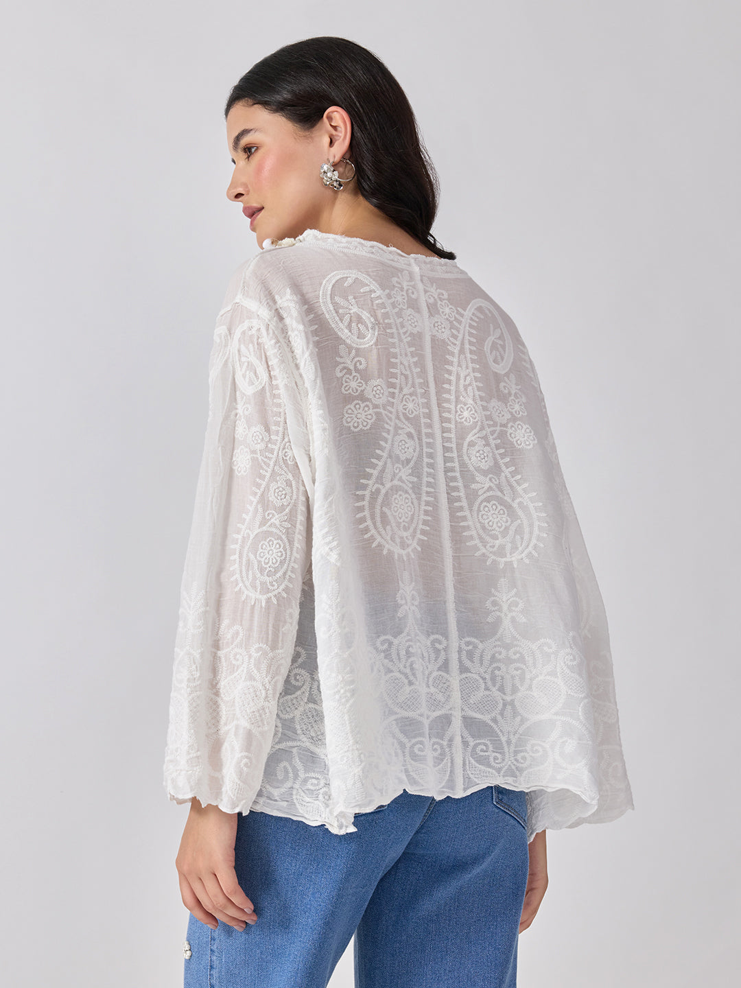 Women’s Embroidered White Top with Pearl Embellished Neckline