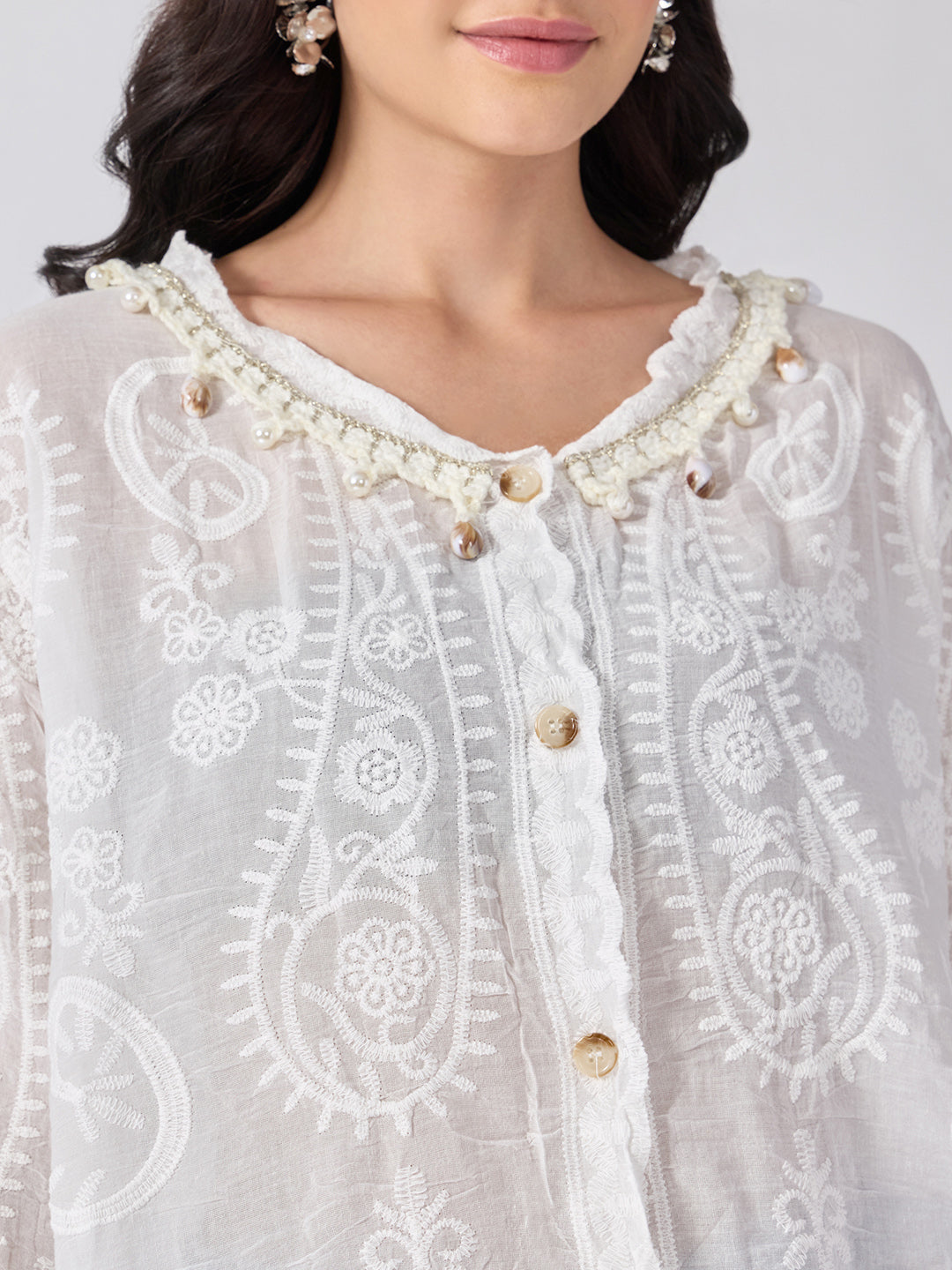 Women’s Embroidered White Top with Pearl Embellished Neckline
