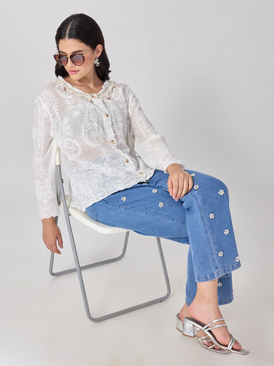 Women’s Embroidered White Top with Pearl Embellished Neckline
