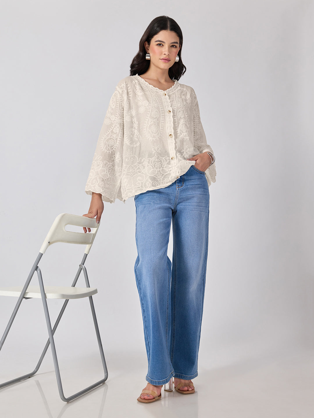 Women’s Embroidered Cream Top with Button Front