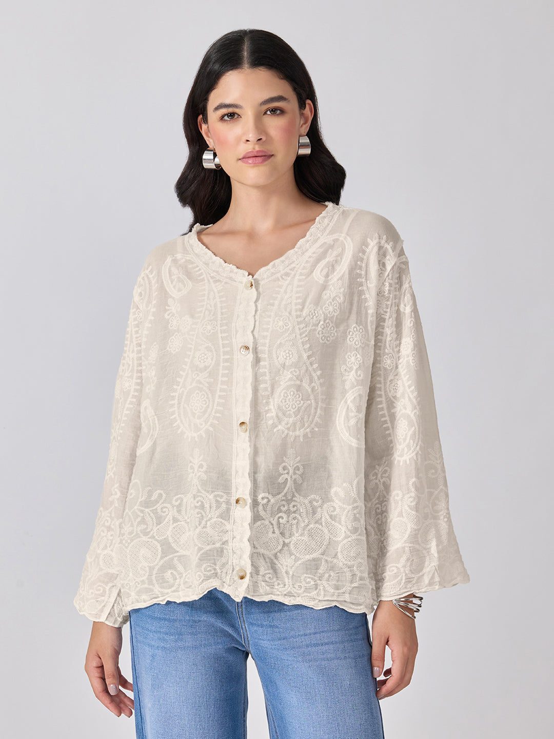 Women’s Embroidered Cream Top with Button Front