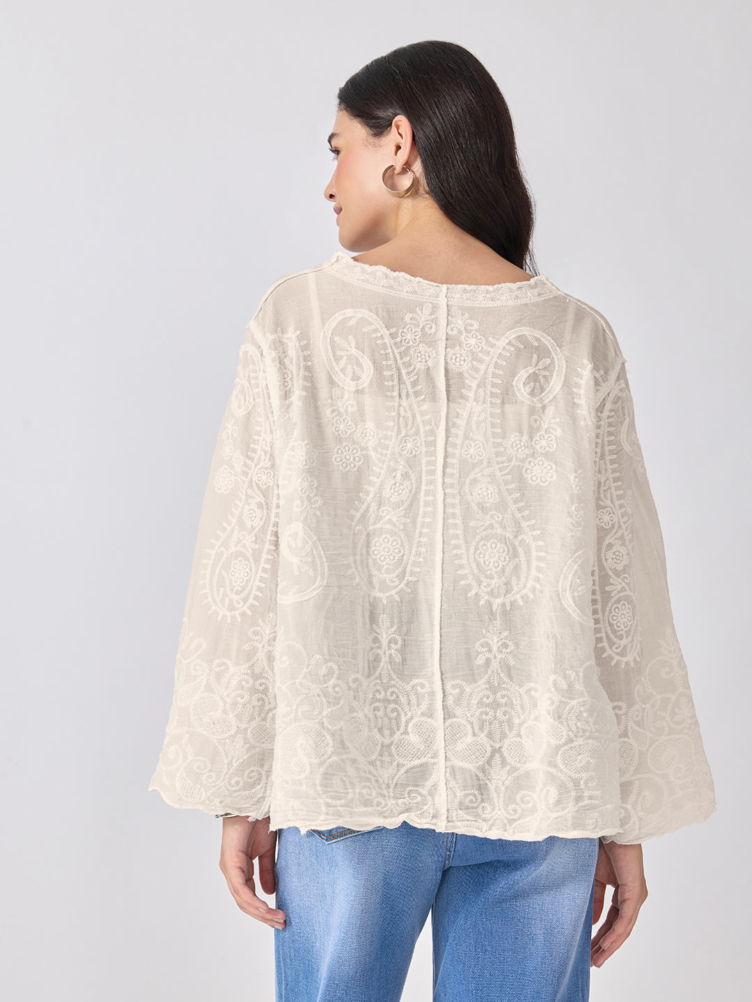 Women’s Embroidered Cream Top with Button Front
