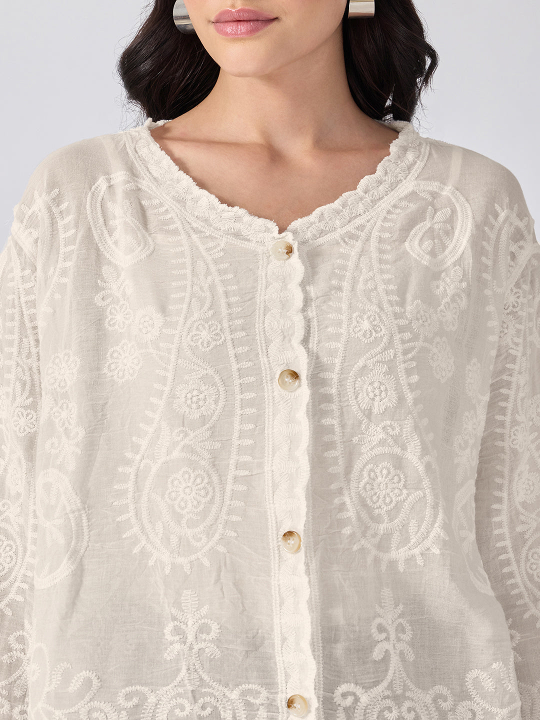 Women’s Embroidered Cream Top with Button Front