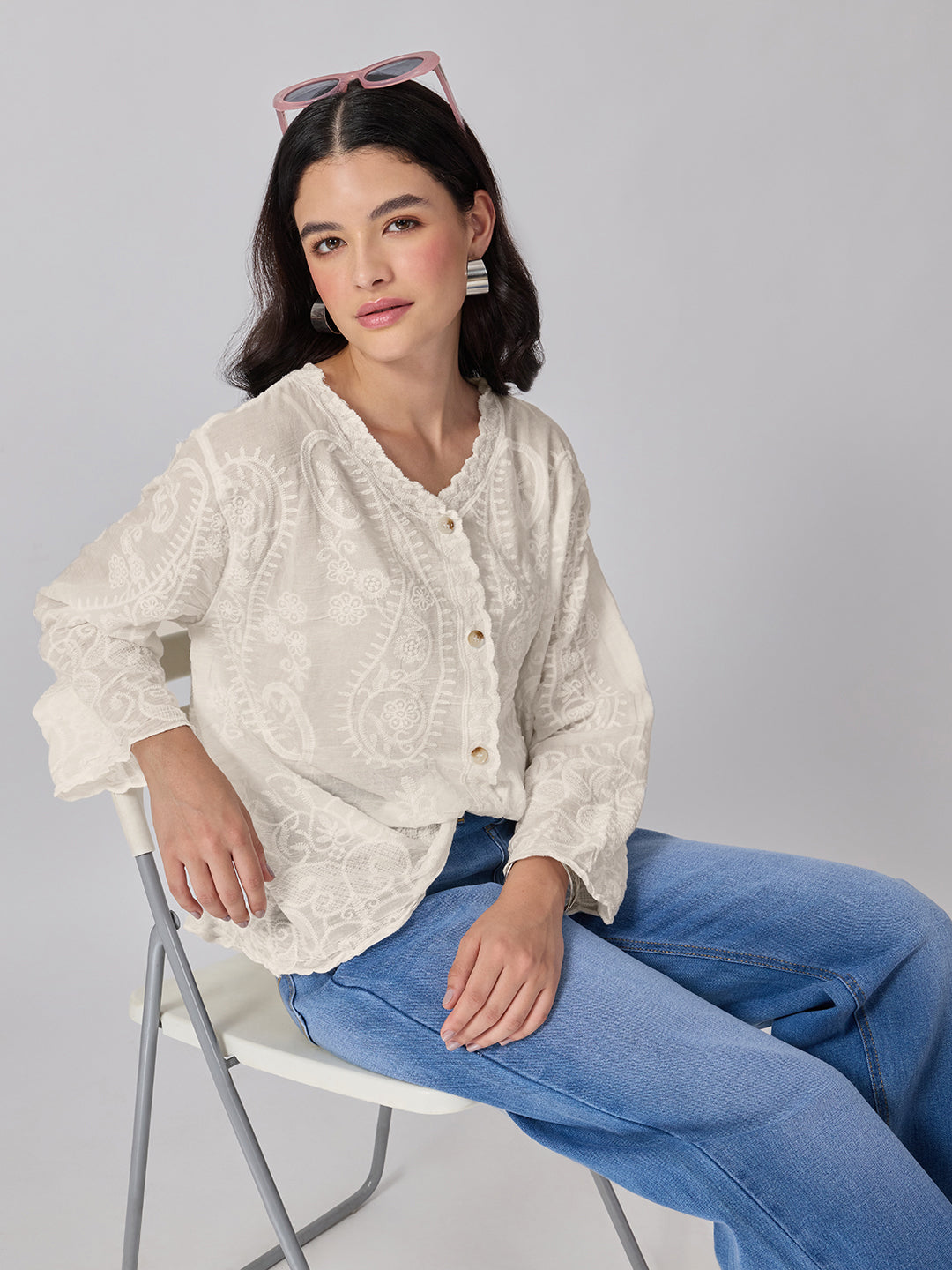 Women’s Embroidered Cream Top with Button Front