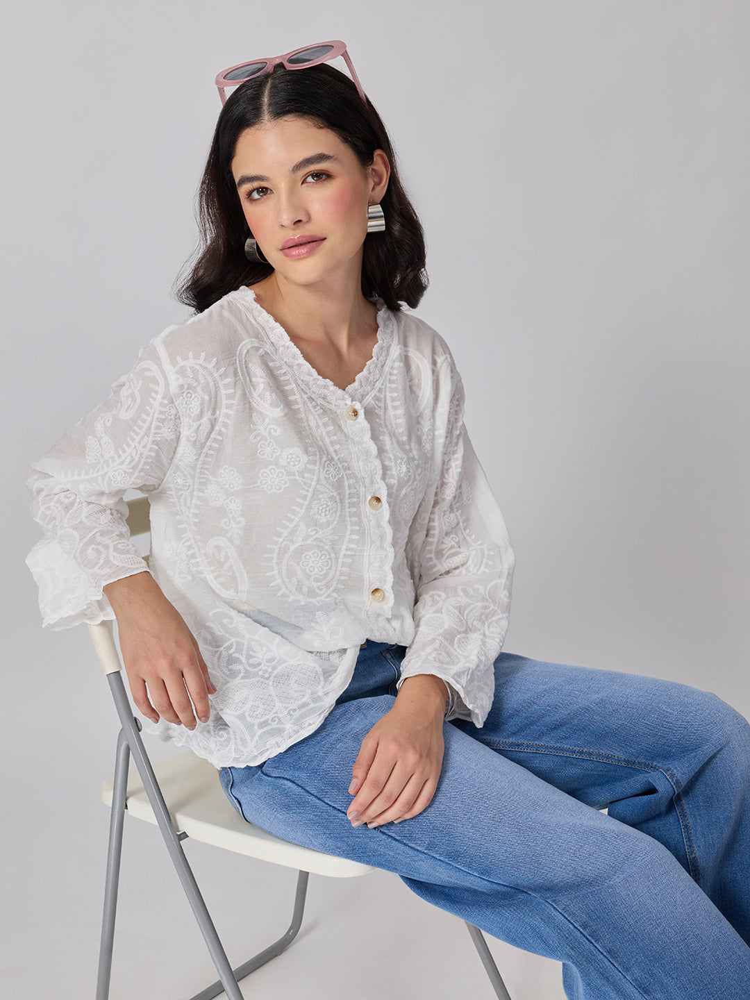 Women’s Embroidered White Top with Button Front