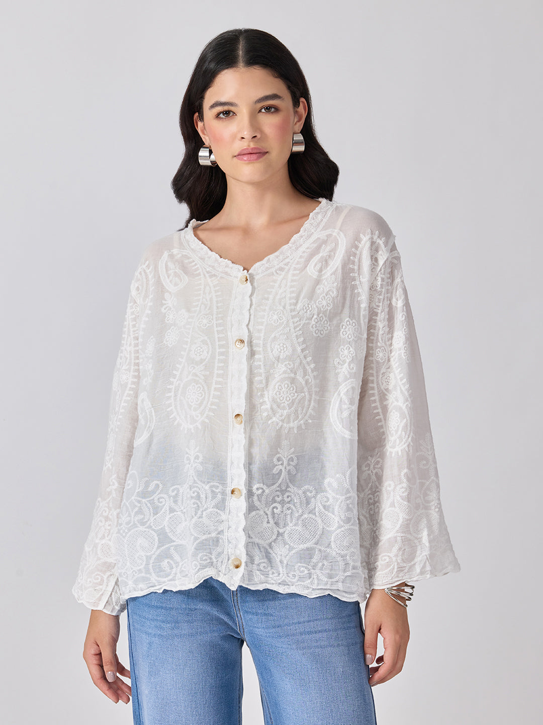 Women’s Embroidered White Top with Button Front