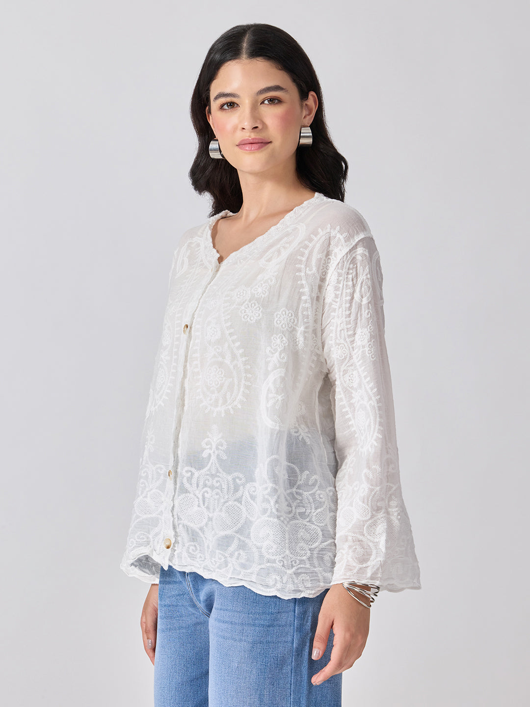 Women’s Embroidered White Top with Button Front