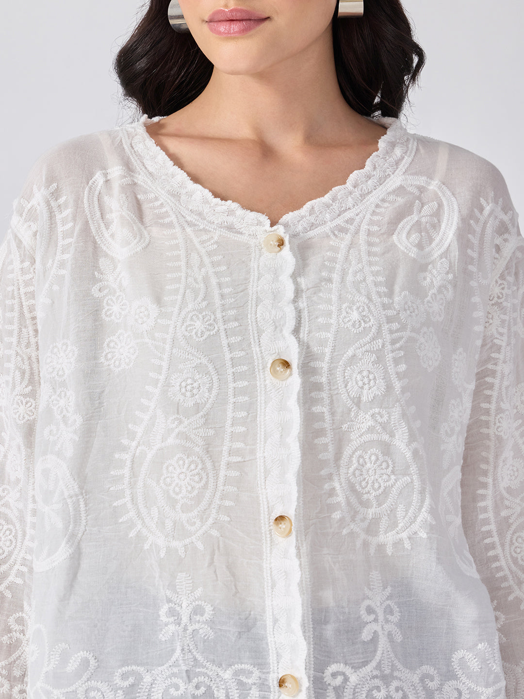Women’s Embroidered White Top with Button Front