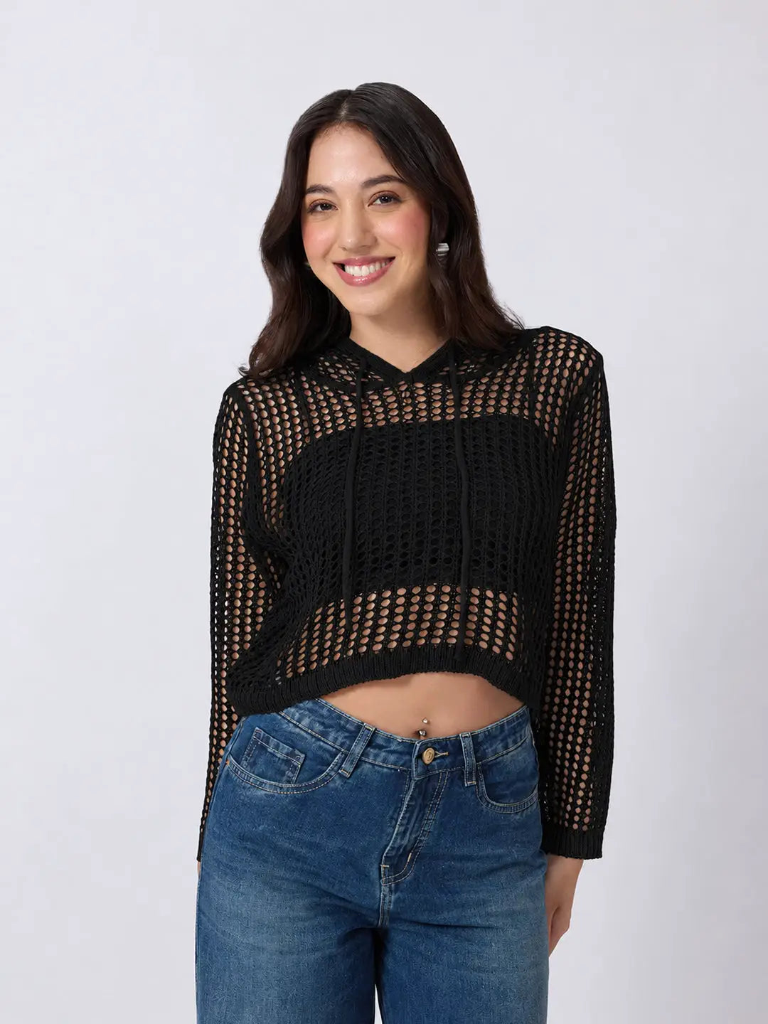 Women's Black Open Knit Short Hooded Long Sleeve Top with Drawstrings