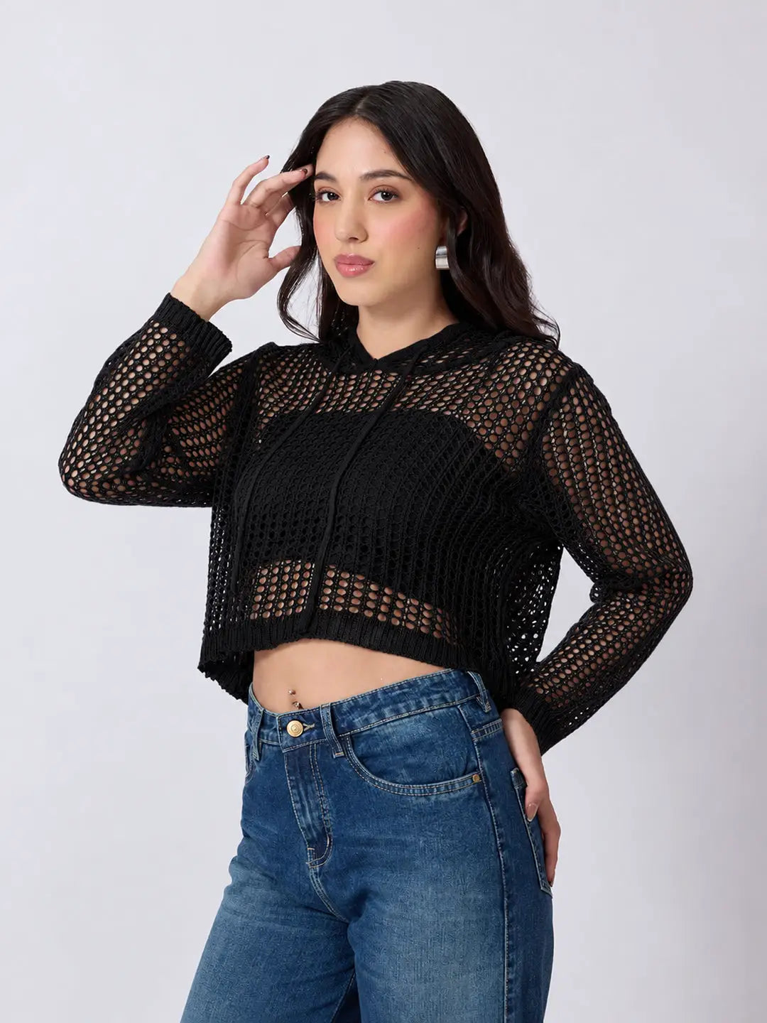 Women's Black Open Knit Short Hooded Long Sleeve Top with Drawstrings