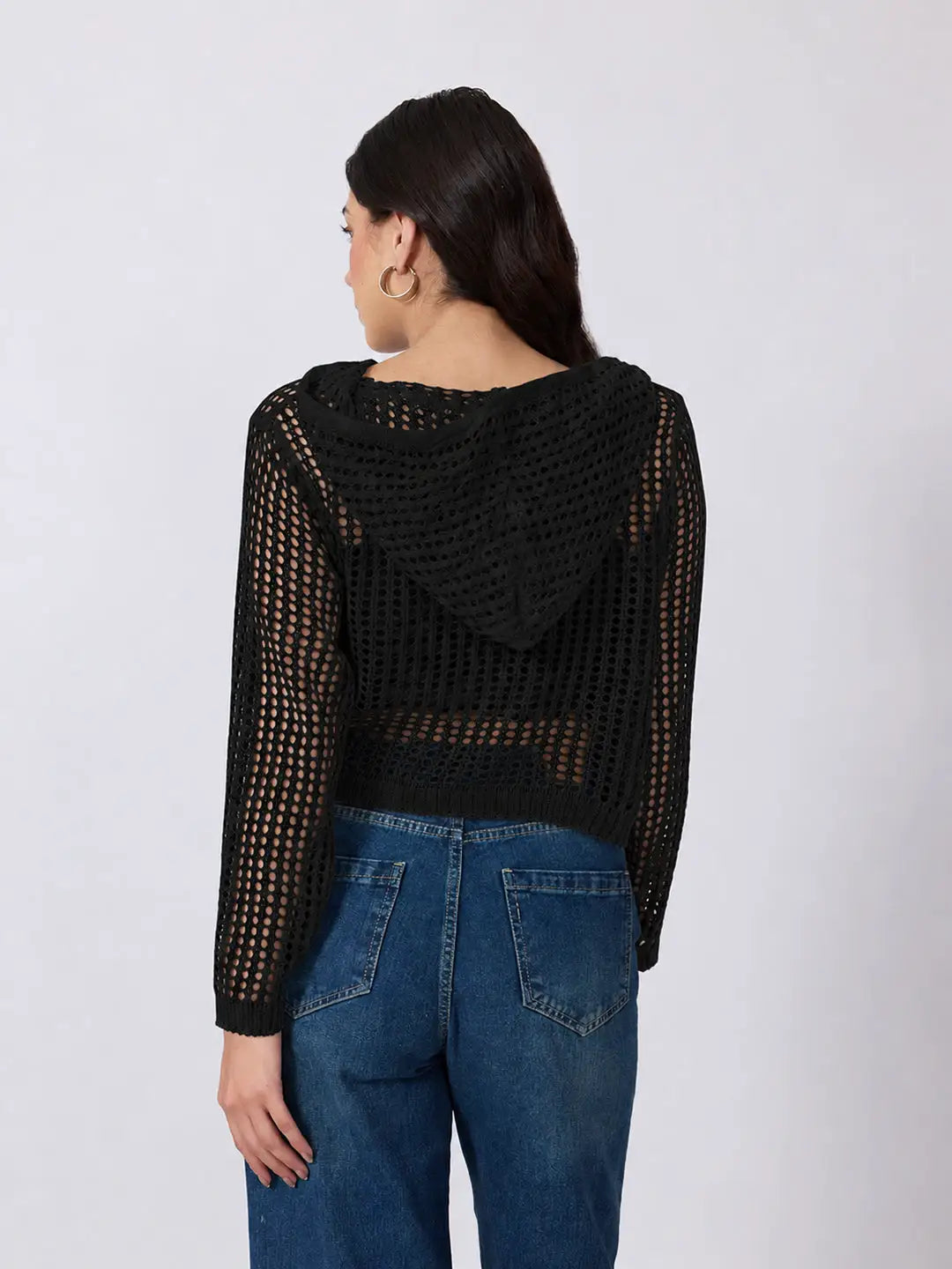 Women's Black Open Knit Short Hooded Long Sleeve Top with Drawstrings