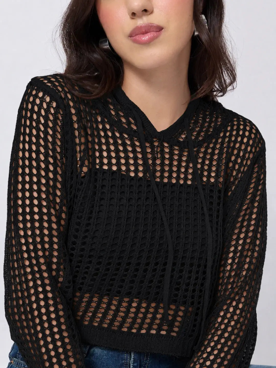 Women's Black Open Knit Short Hooded Long Sleeve Top with Drawstrings