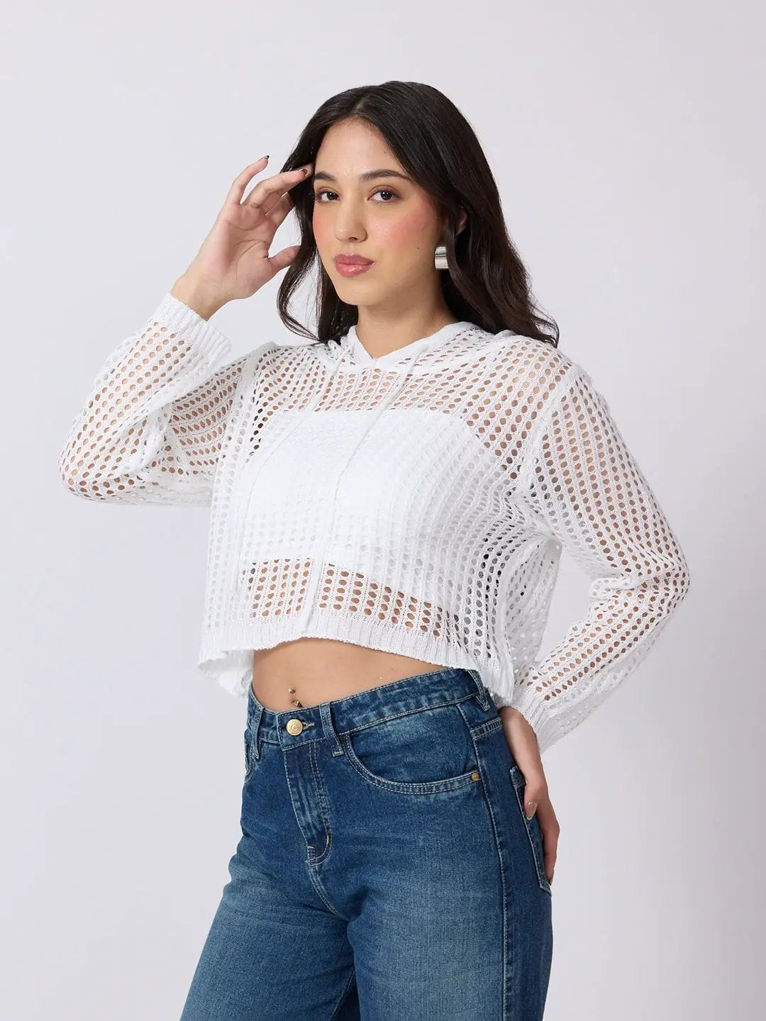 Women's White Open Knit Short Hooded Long Sleeve Top with Drawstrings